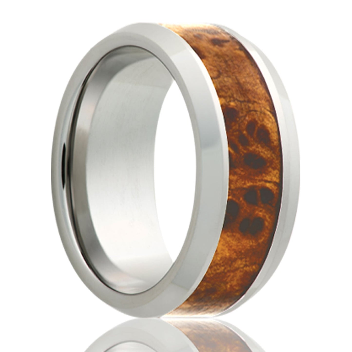 Burl Wood Inlay Tungsten Wedding Band with Beveled Edges