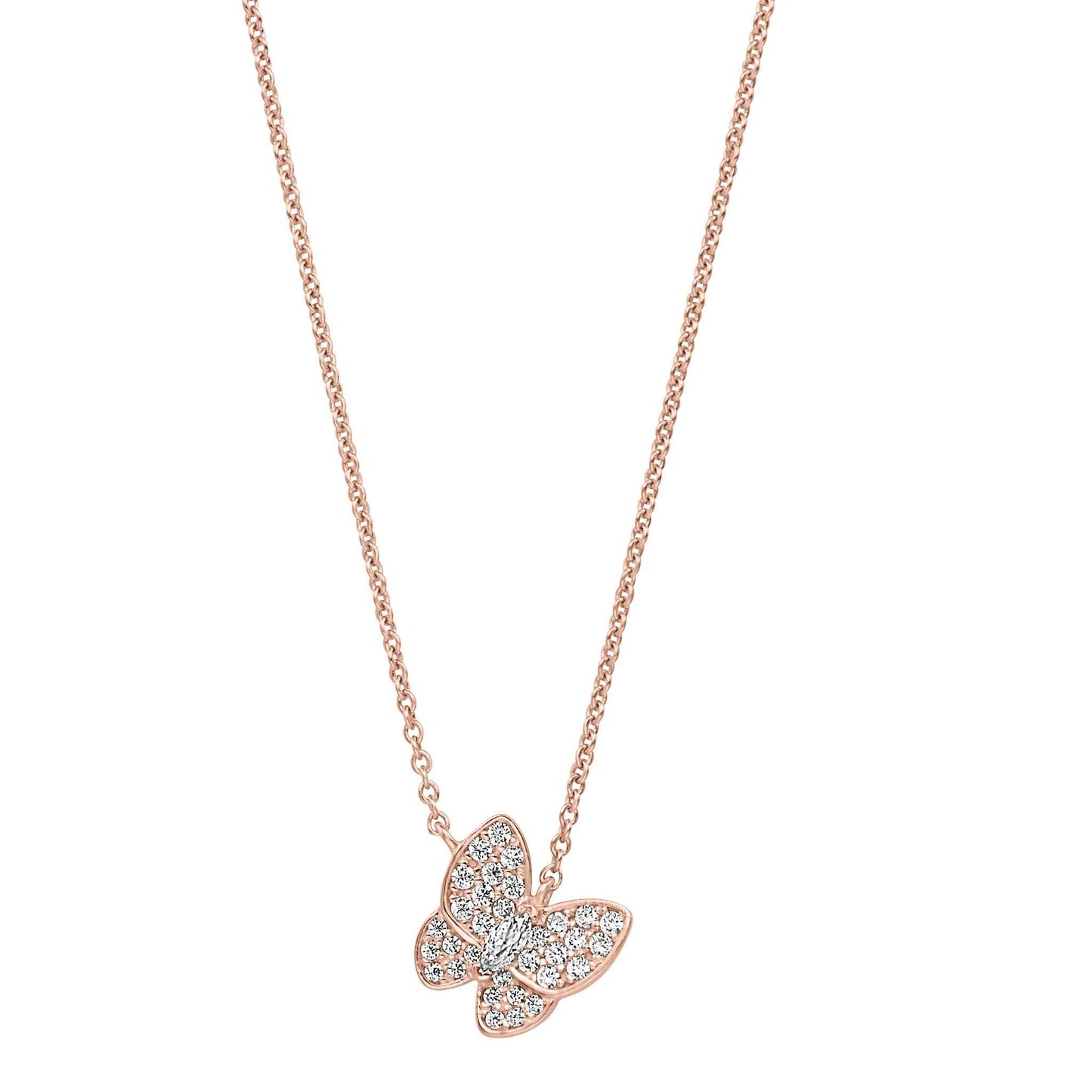 A butterfly necklace with simulated diamonds displayed on a neutral white background.
