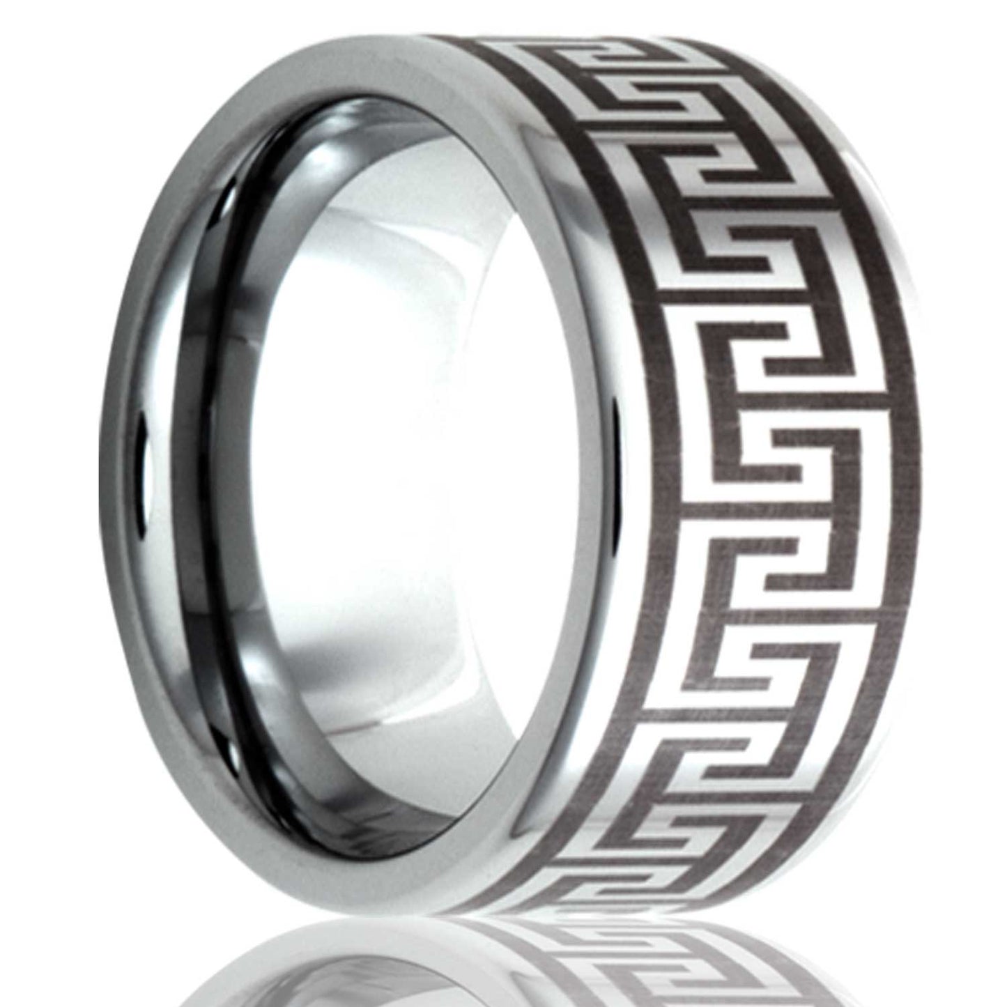 A greek key engraved cobalt wedding band displayed on a neutral white background.