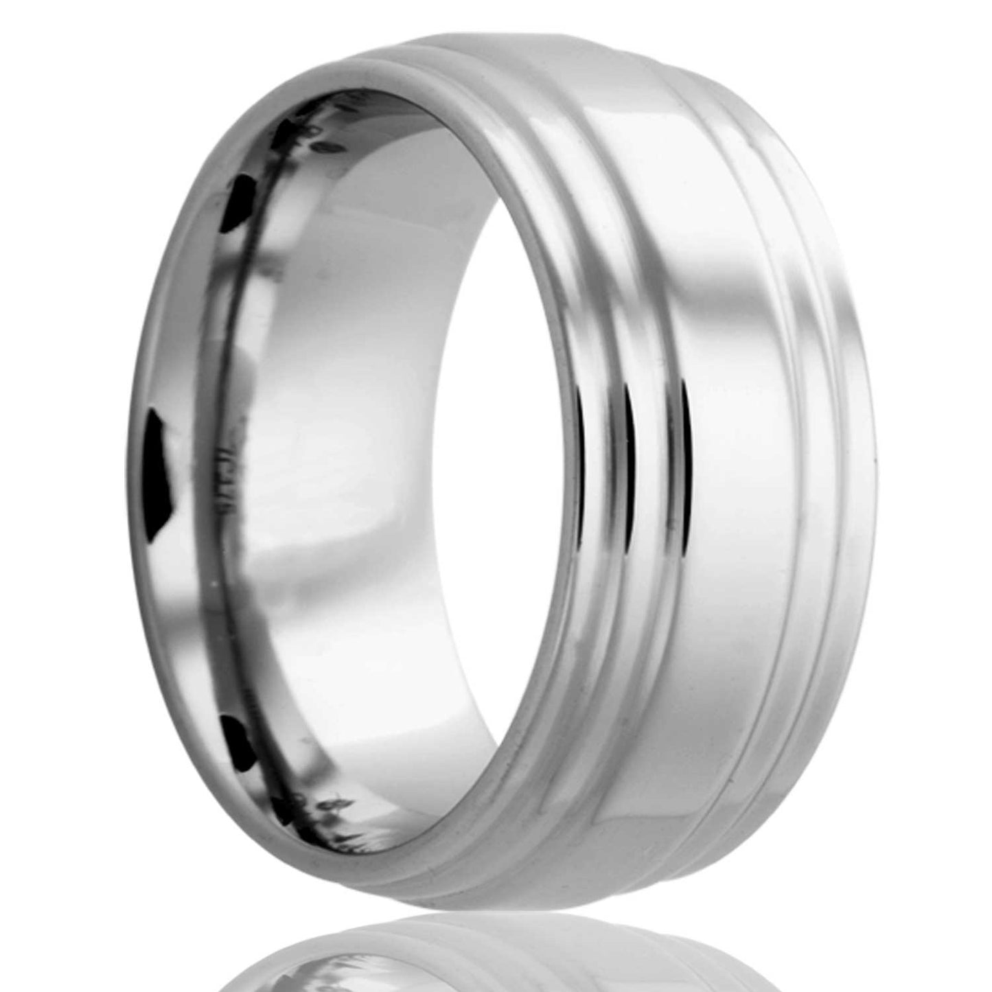 A grooved cobalt wedding band with stepped edges displayed on a neutral white background.