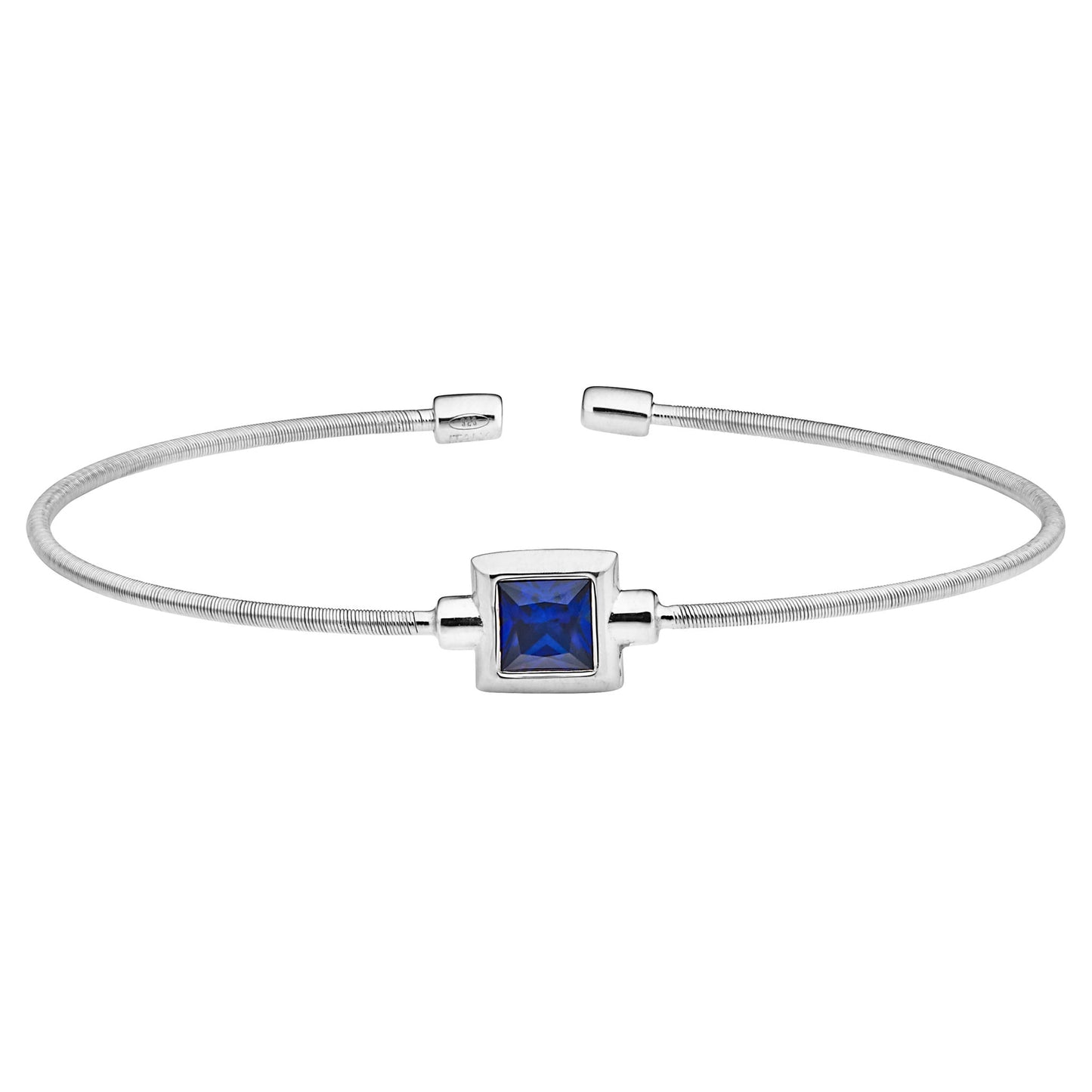 A cable bracelet with princess cut birthstone displayed on a neutral white background.