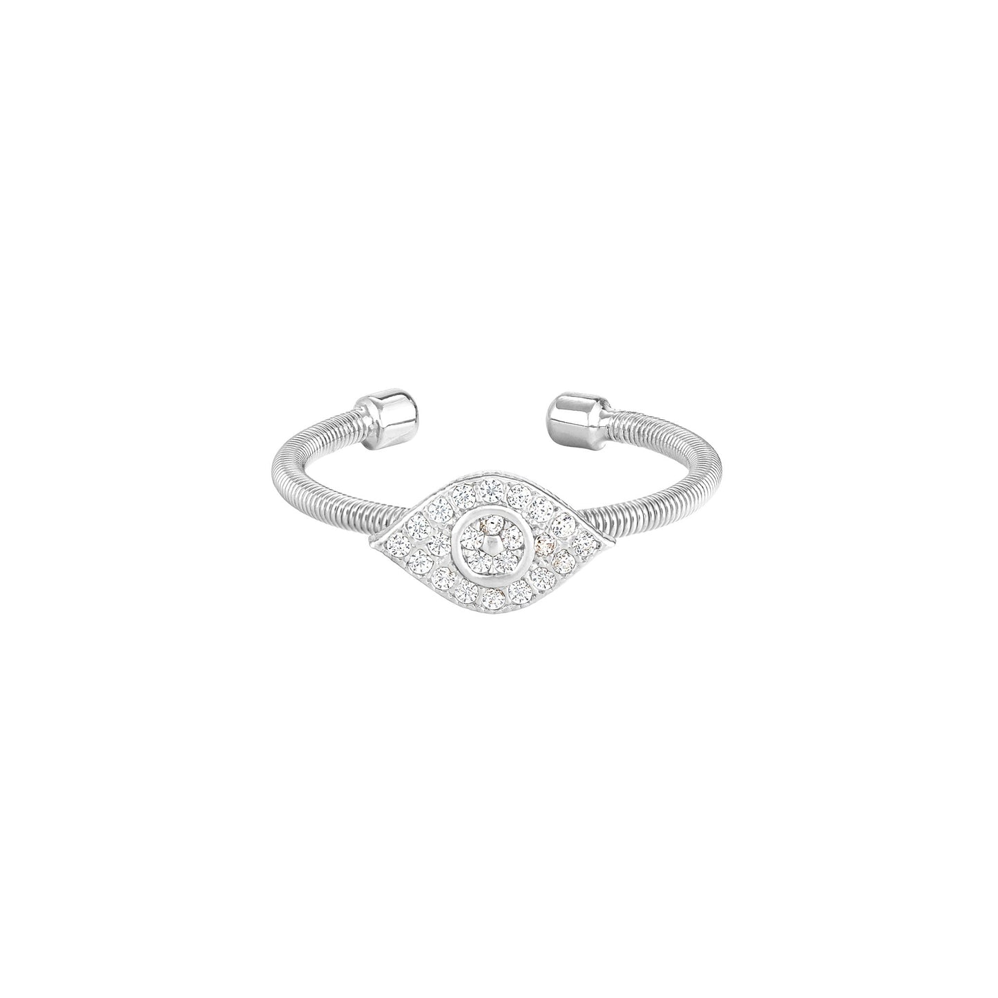 A flexible cable evil eye ring with simulated diamonds displayed on a neutral white background.