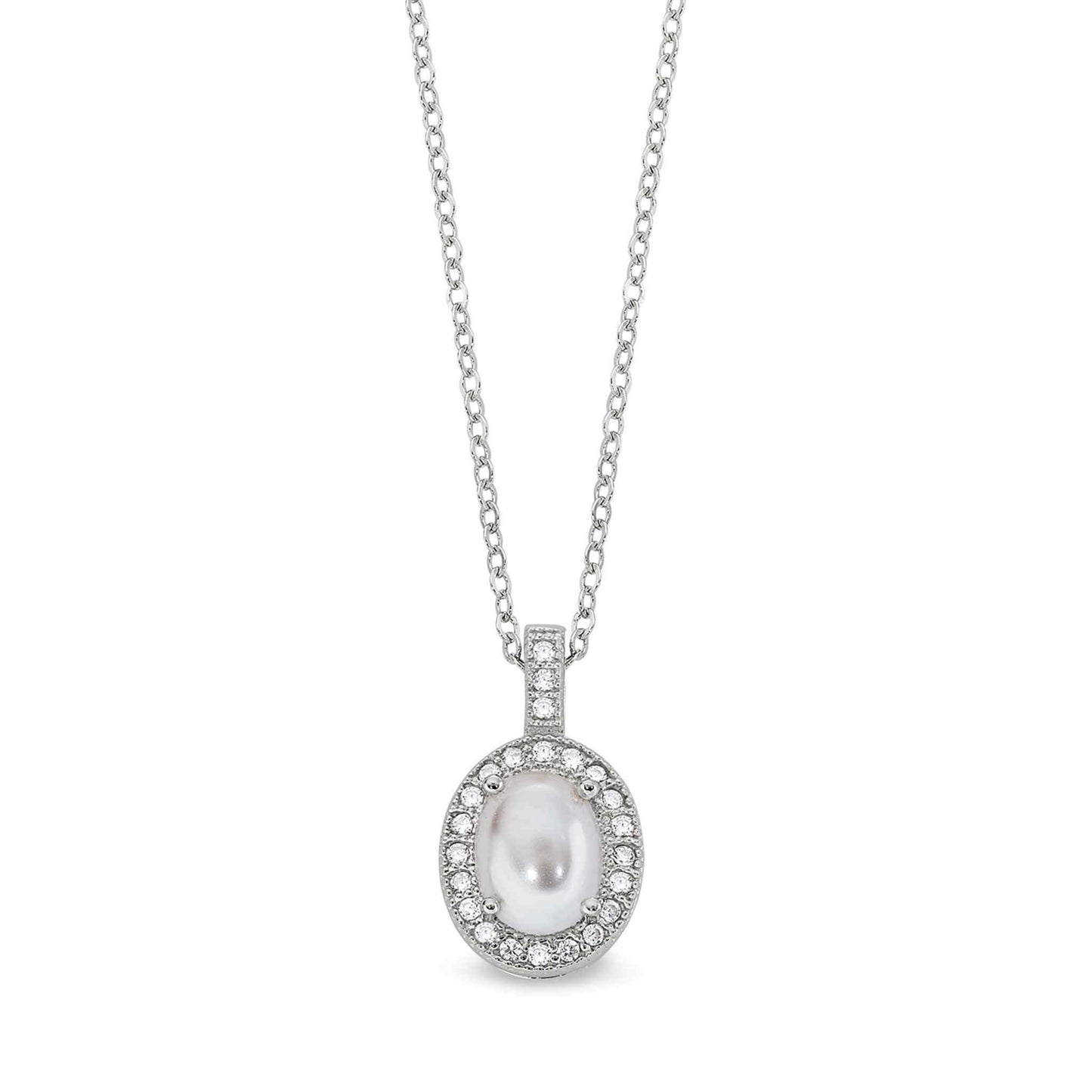 A cabochon cut pearl pendant with simulated diamonds displayed on a neutral white background.