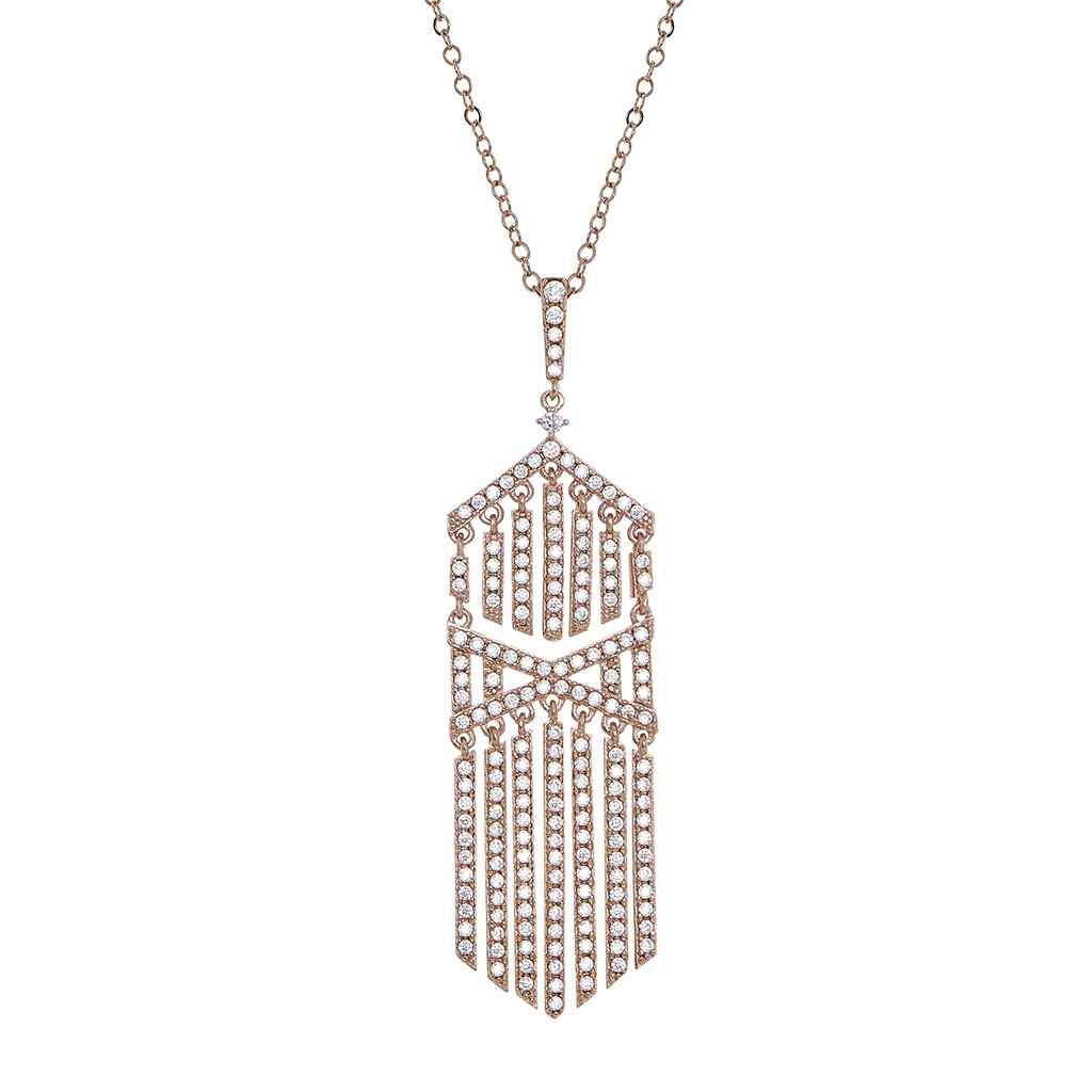 A cascade necklace with simulated diamonds displayed on a neutral white background.