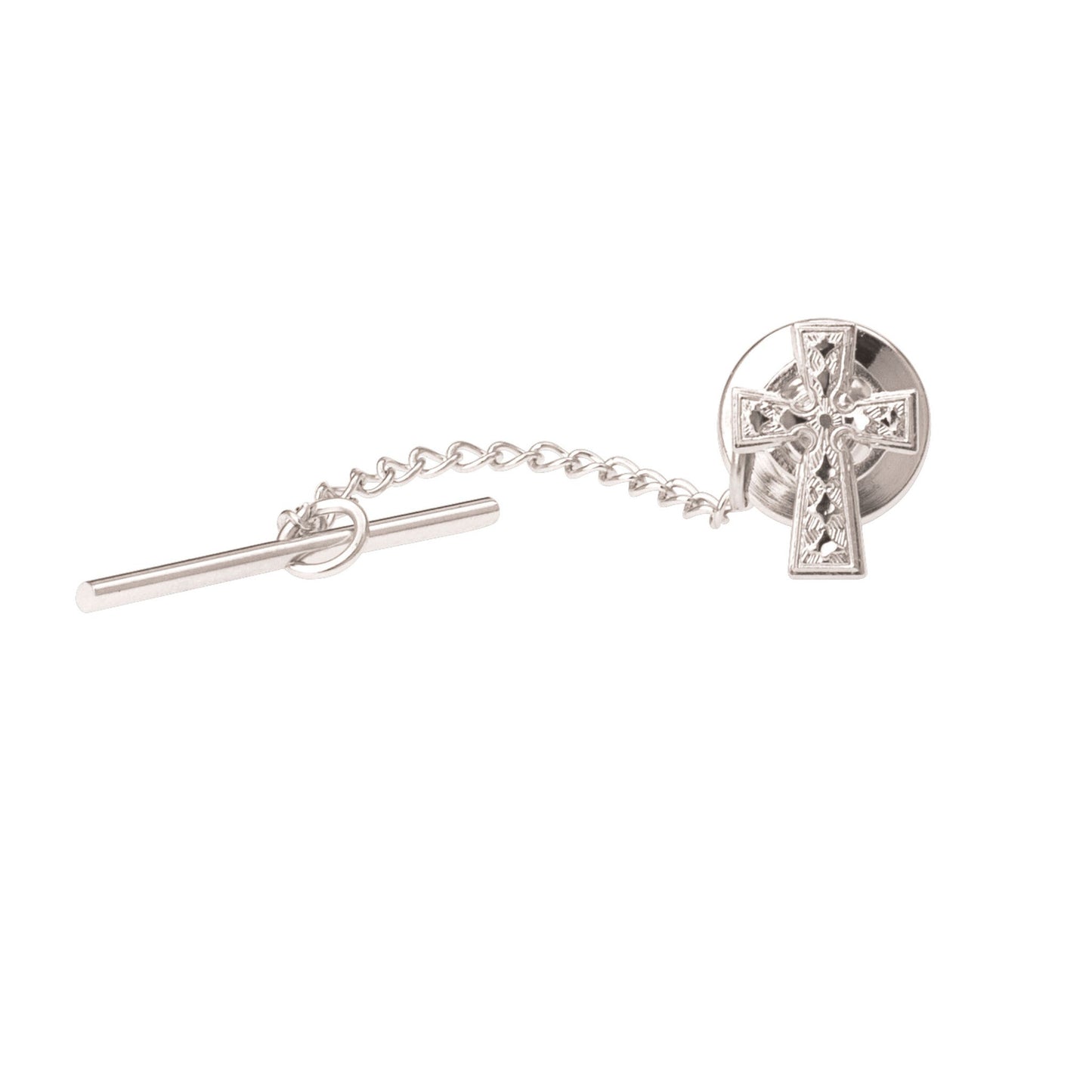 A celtic cross tie tack displayed on a neutral white background.