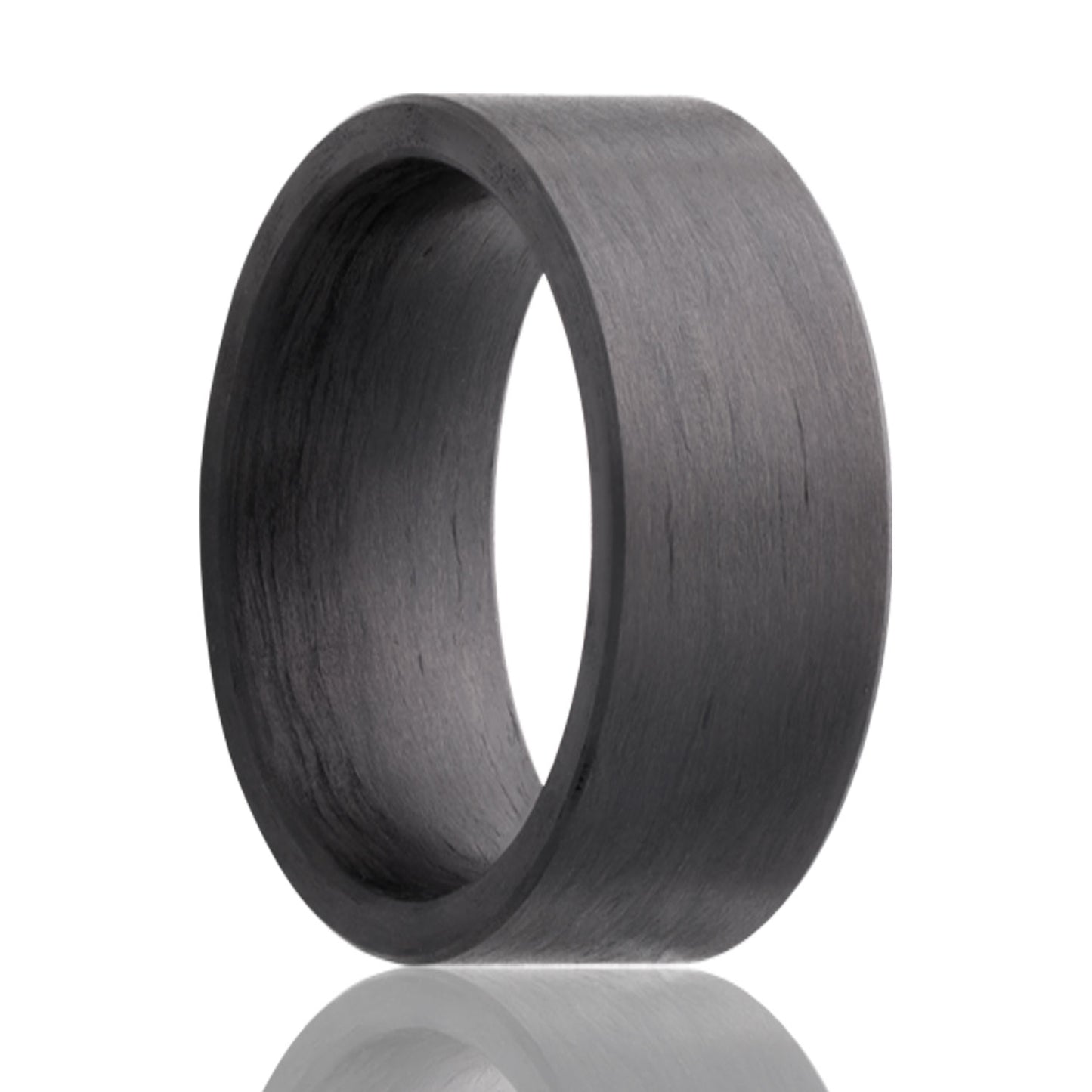 A matte carbon fiber men's wedding band displayed on a neutral white background.