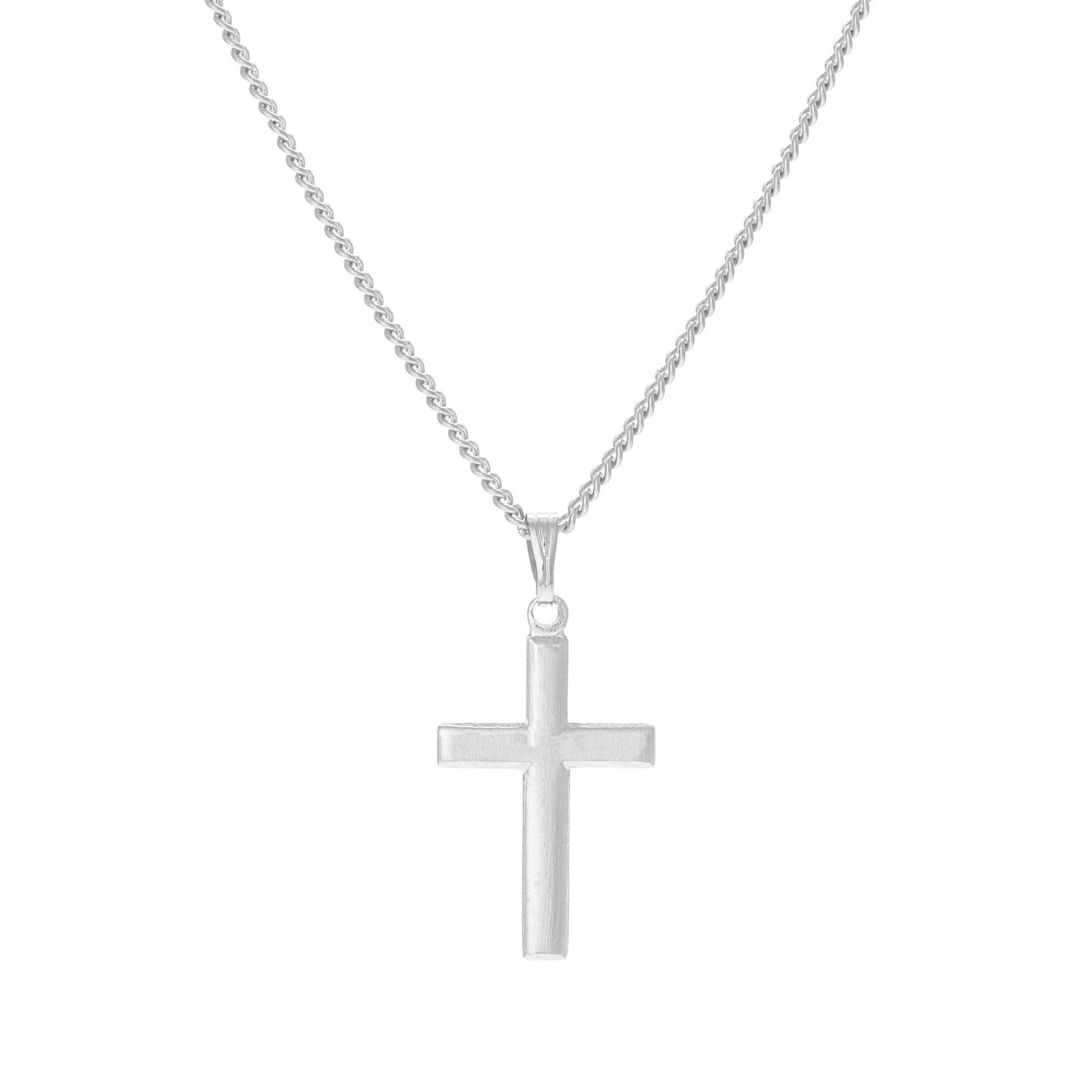 A classic cross necklace displayed on a neutral white background.