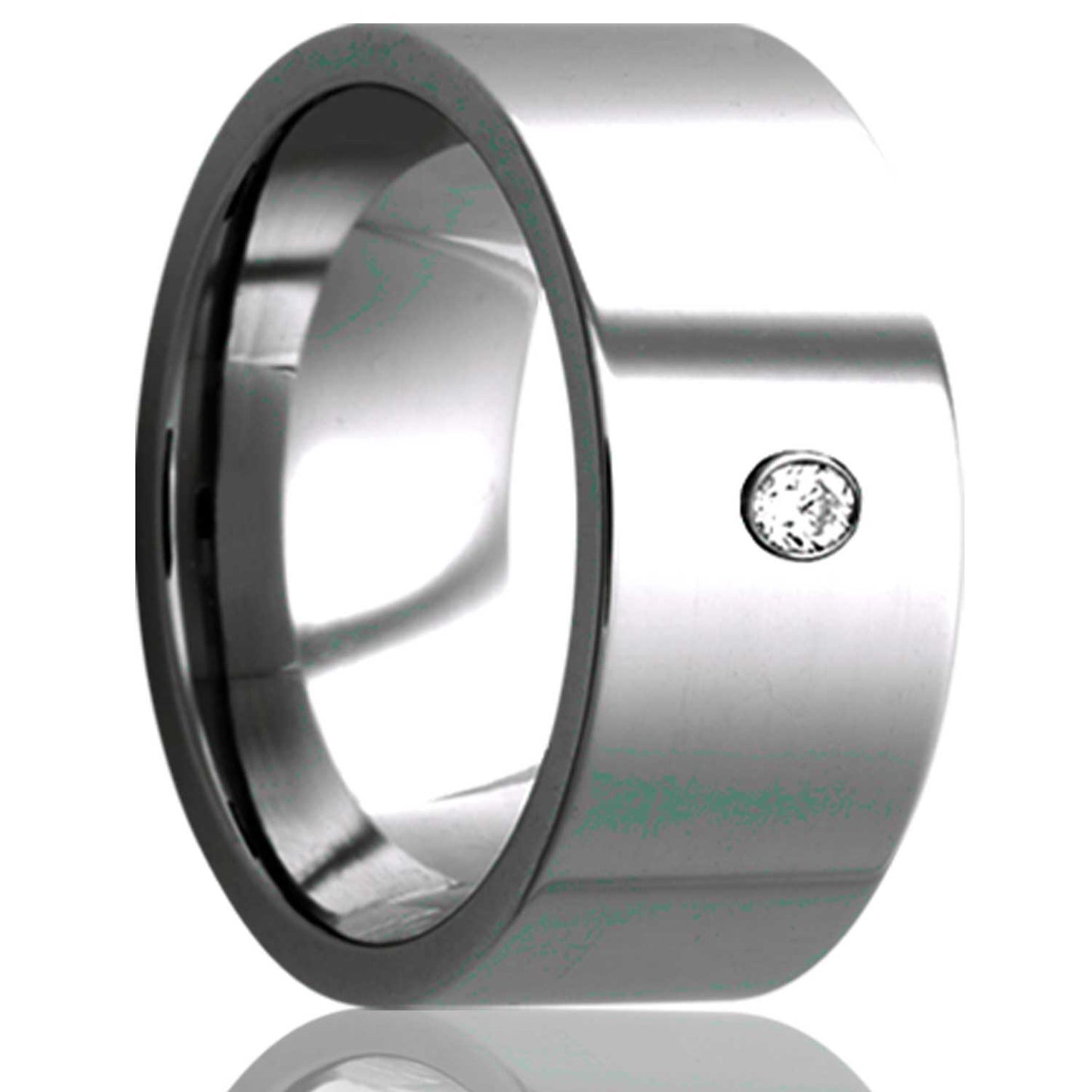 A cobalt wedding band with diamond displayed on a neutral white background.