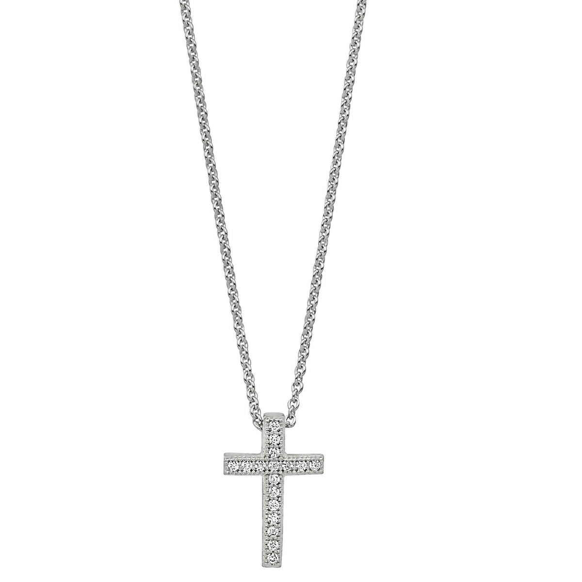 A cross necklace with simulated diamonds displayed on a neutral white background.