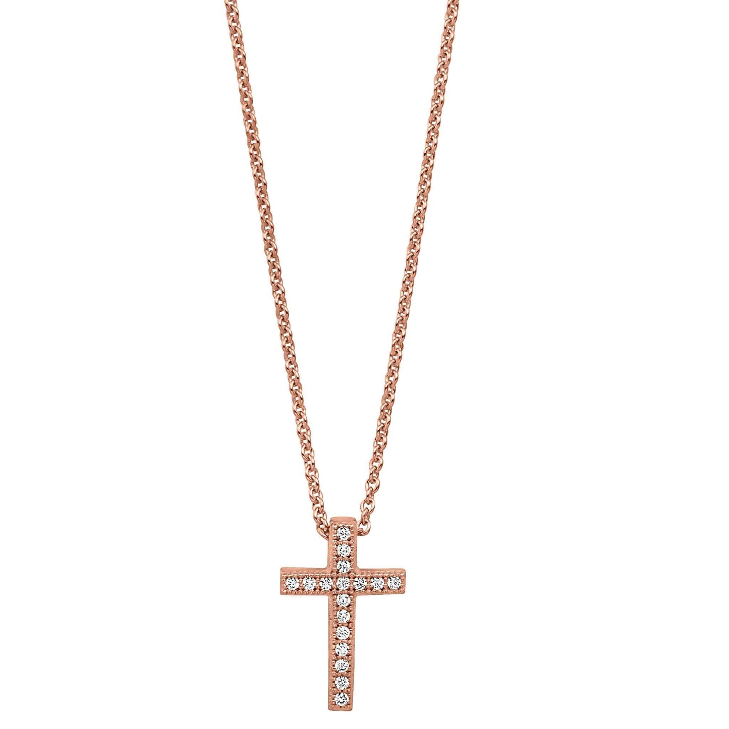 A cross necklace with simulated diamonds displayed on a neutral white background.