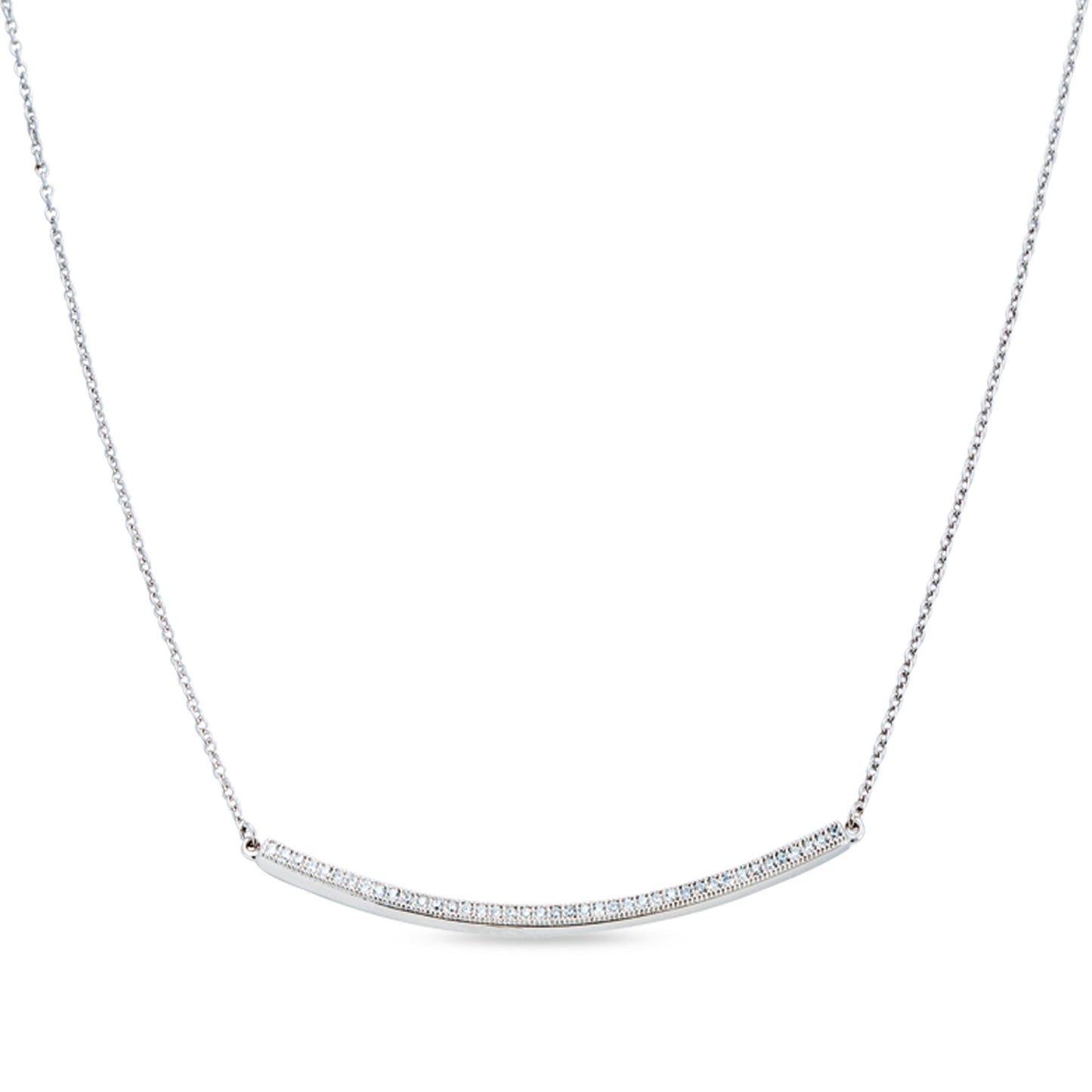 A curved bar necklace with 41 simulated diamonds displayed on a neutral white background.