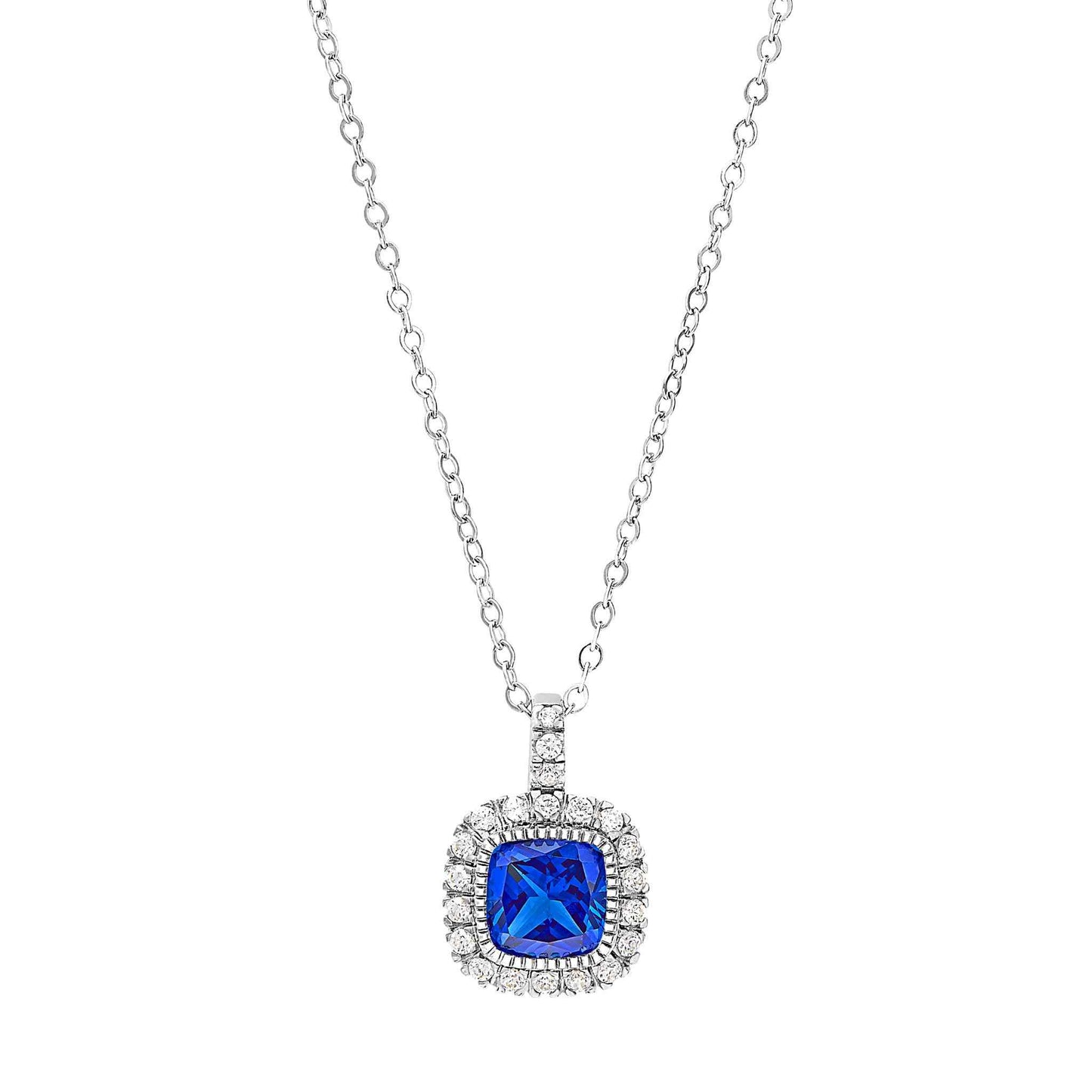 A cushion birthstone necklace with simulated diamonds displayed on a neutral white background.