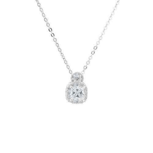 A cushion cut simulated diamond necklace displayed on a neutral white background.