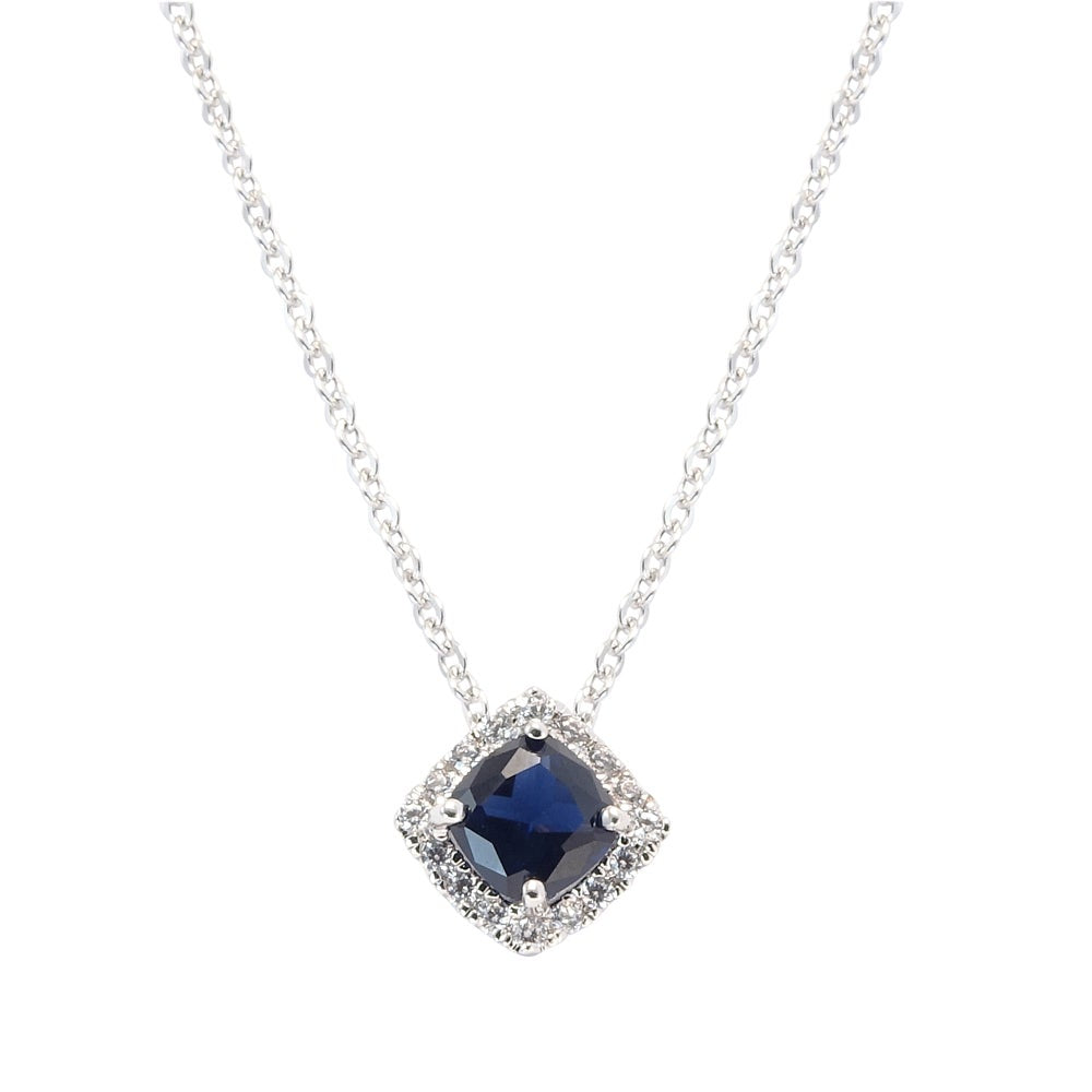 A cushion cut sapphire simulated diamond pendant displayed on a neutral white background.