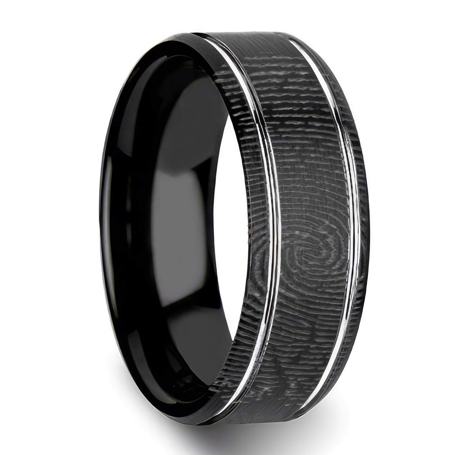 Custom Fingerprint Engraved Black Tungsten Wedding Band