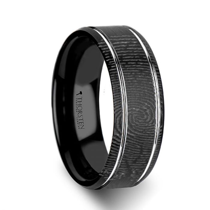 Custom Fingerprint Engraved Black Tungsten Wedding Band