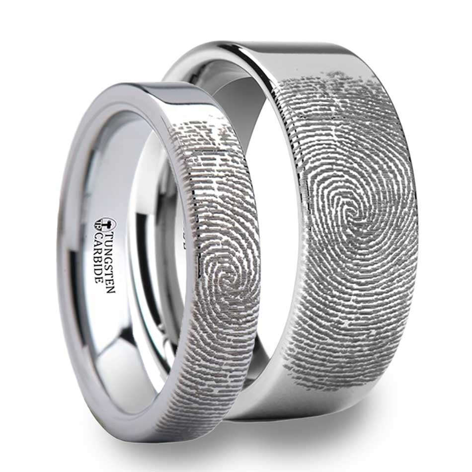 Custom Fingerprint Engraved Flat Tungsten Couple's Matching Wedding Band Set