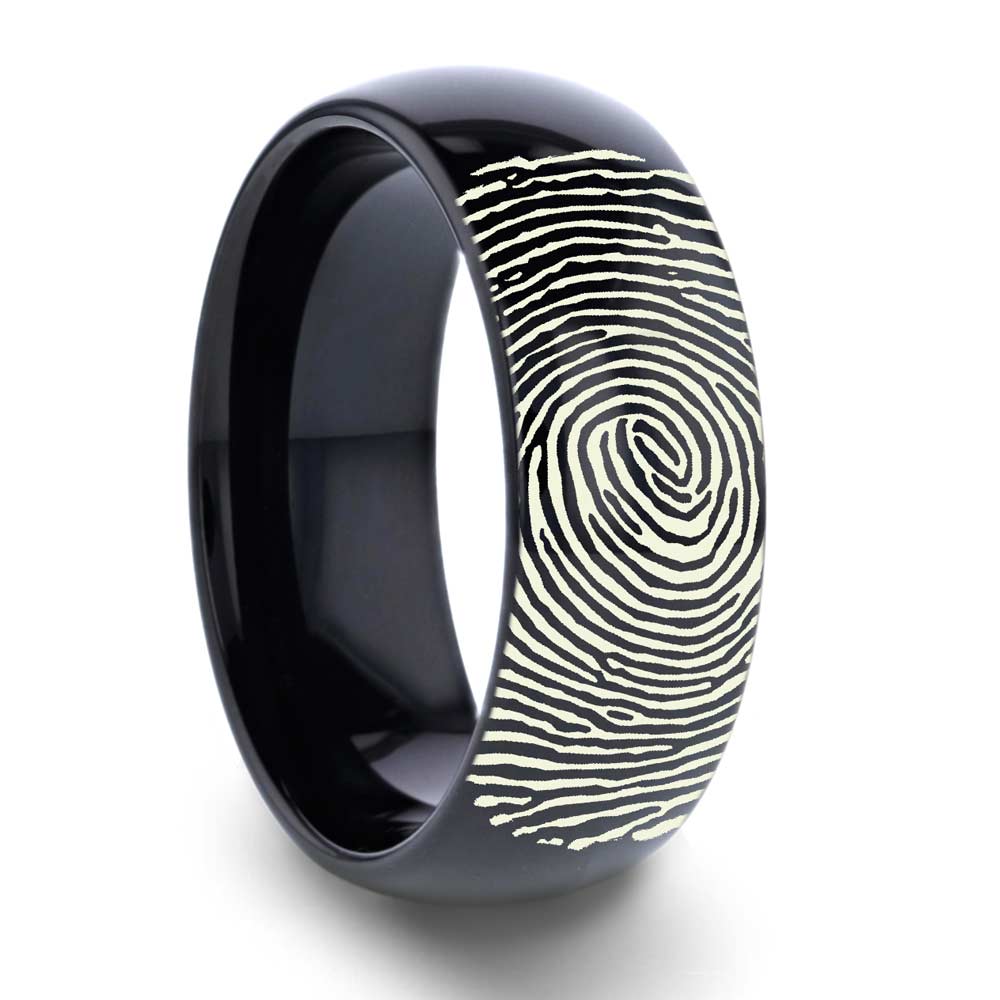 Custom Fingerprint Engraved Women's Black Tungsten Wedding Band
