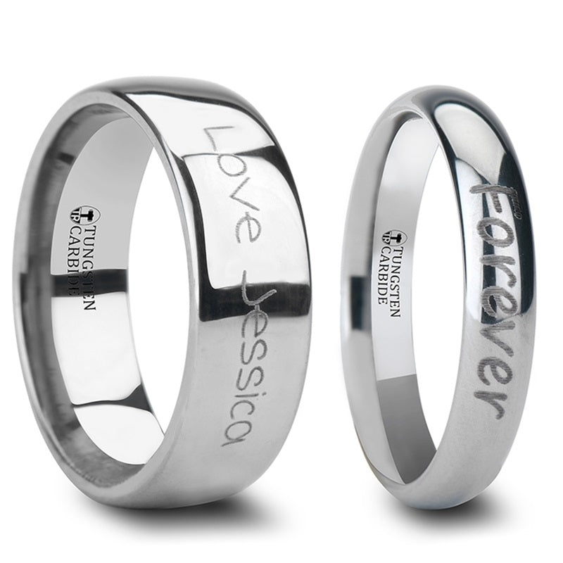 Custom Handwriting Engraved Domed Tungsten Couple's Matching Wedding Band Set