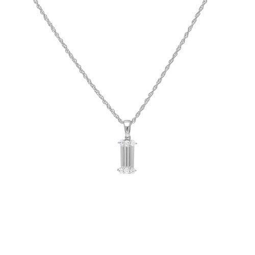 A simulated diamond baguette cut simulated diamond necklace displayed on a neutral white background.
