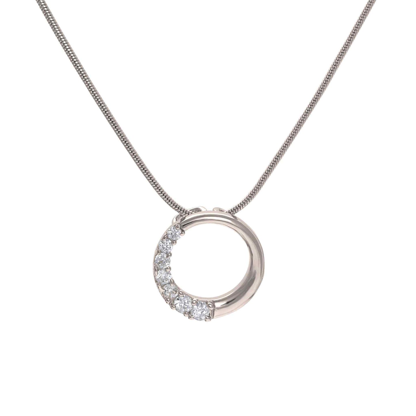 A simulated diamond circle journey necklace displayed on a neutral white background.