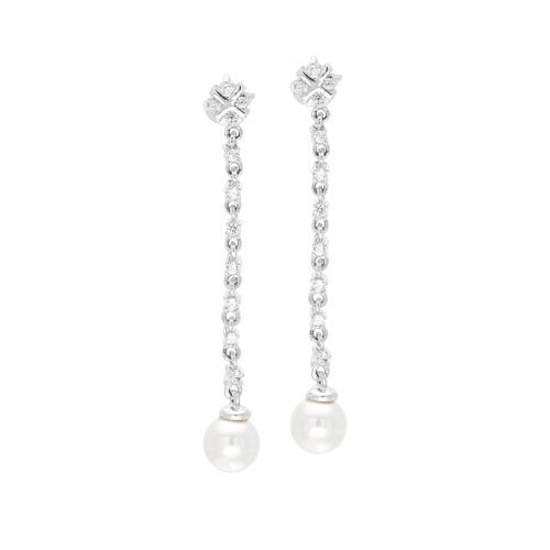 A simulated diamond & fresh water pearl drop earrings with rhodium finish displayed on a neutral white background.