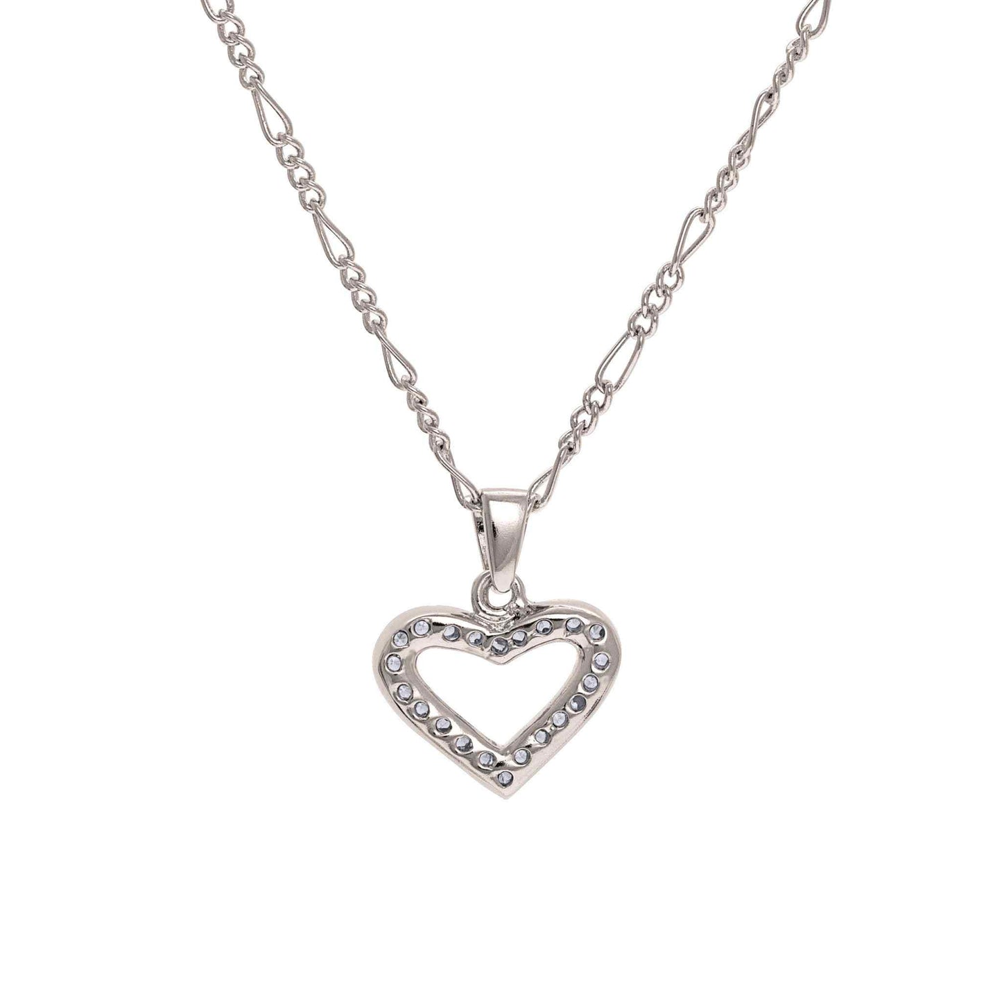 A simulated diamond heart necklace displayed on a neutral white background.