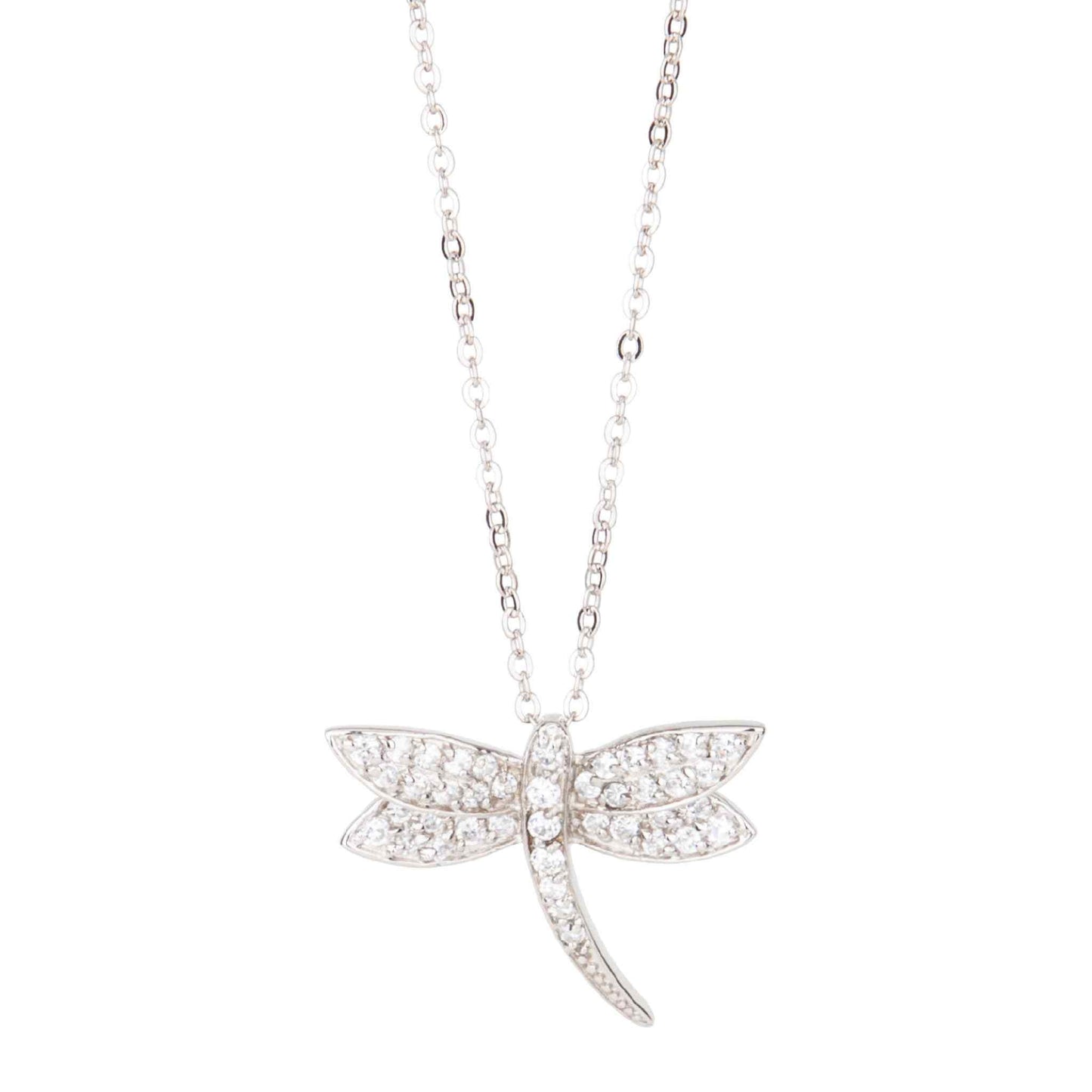 A simulated diamond pave dragonfly necklace displayed on a neutral white background.