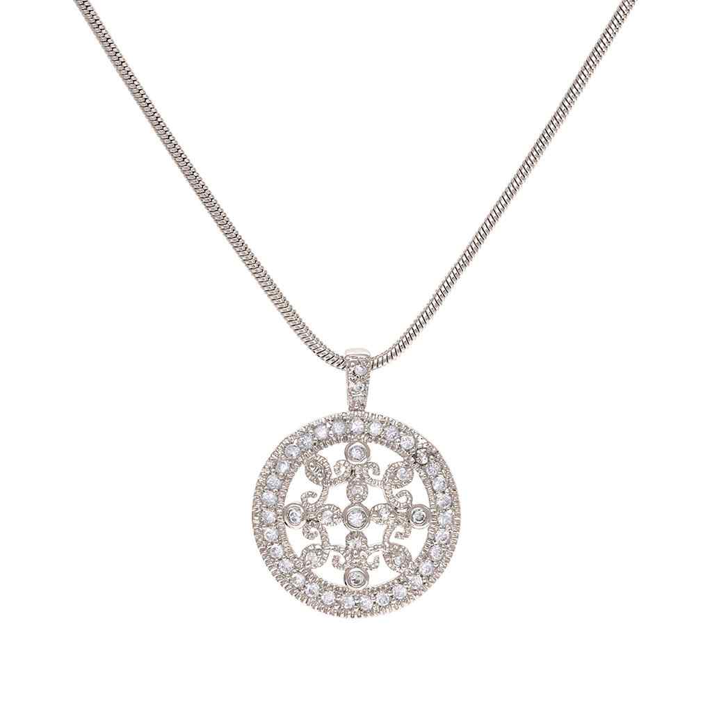 A simulated diamond round filligree necklace displayed on a neutral white background.