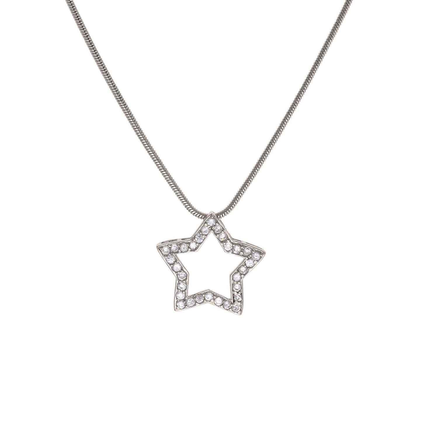 A simulated diamond star necklace displayed on a neutral white background.