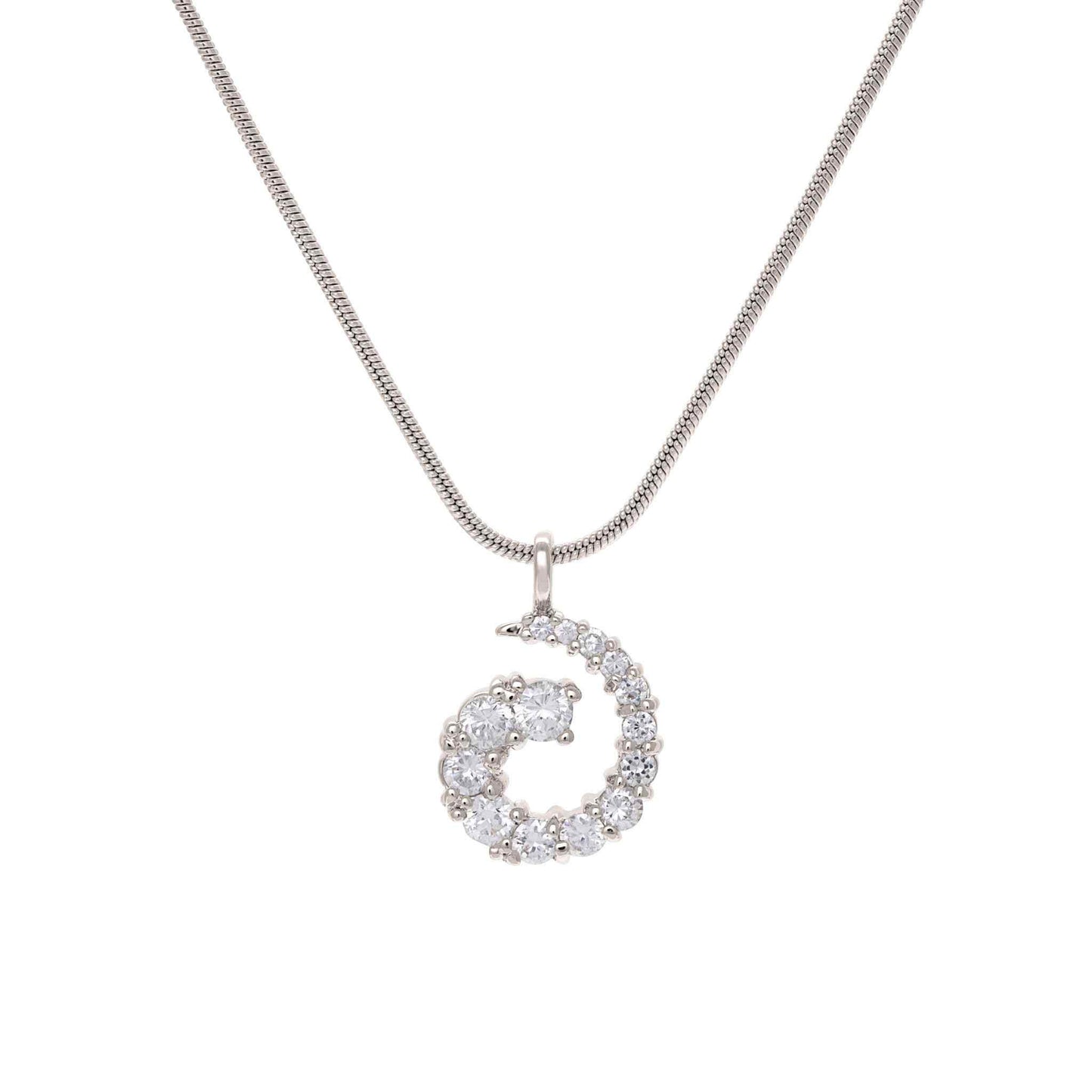 A simulated diamond swirl journey necklace displayed on a neutral white background.