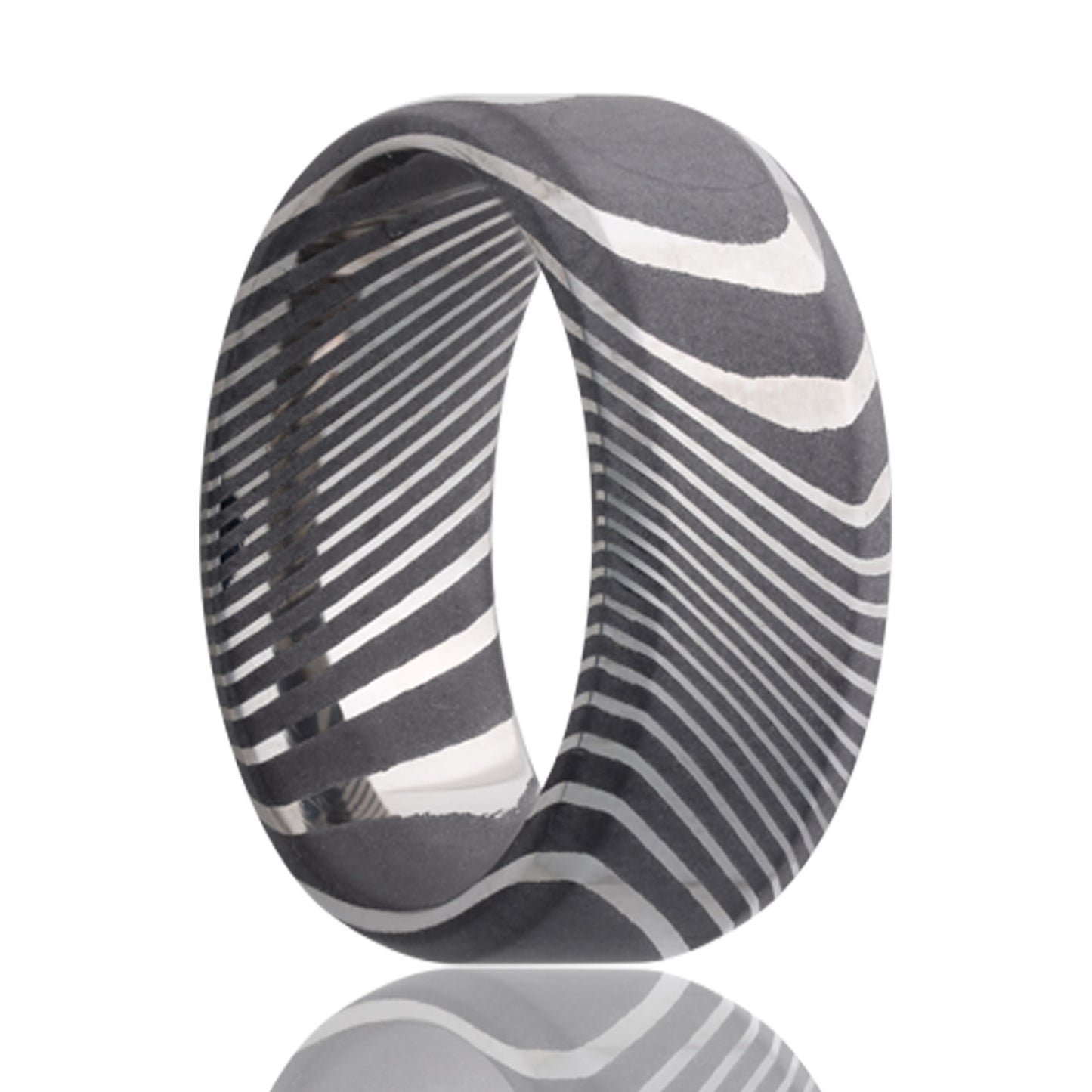 A damascus wedding band with beveled edges displayed on a neutral white background.