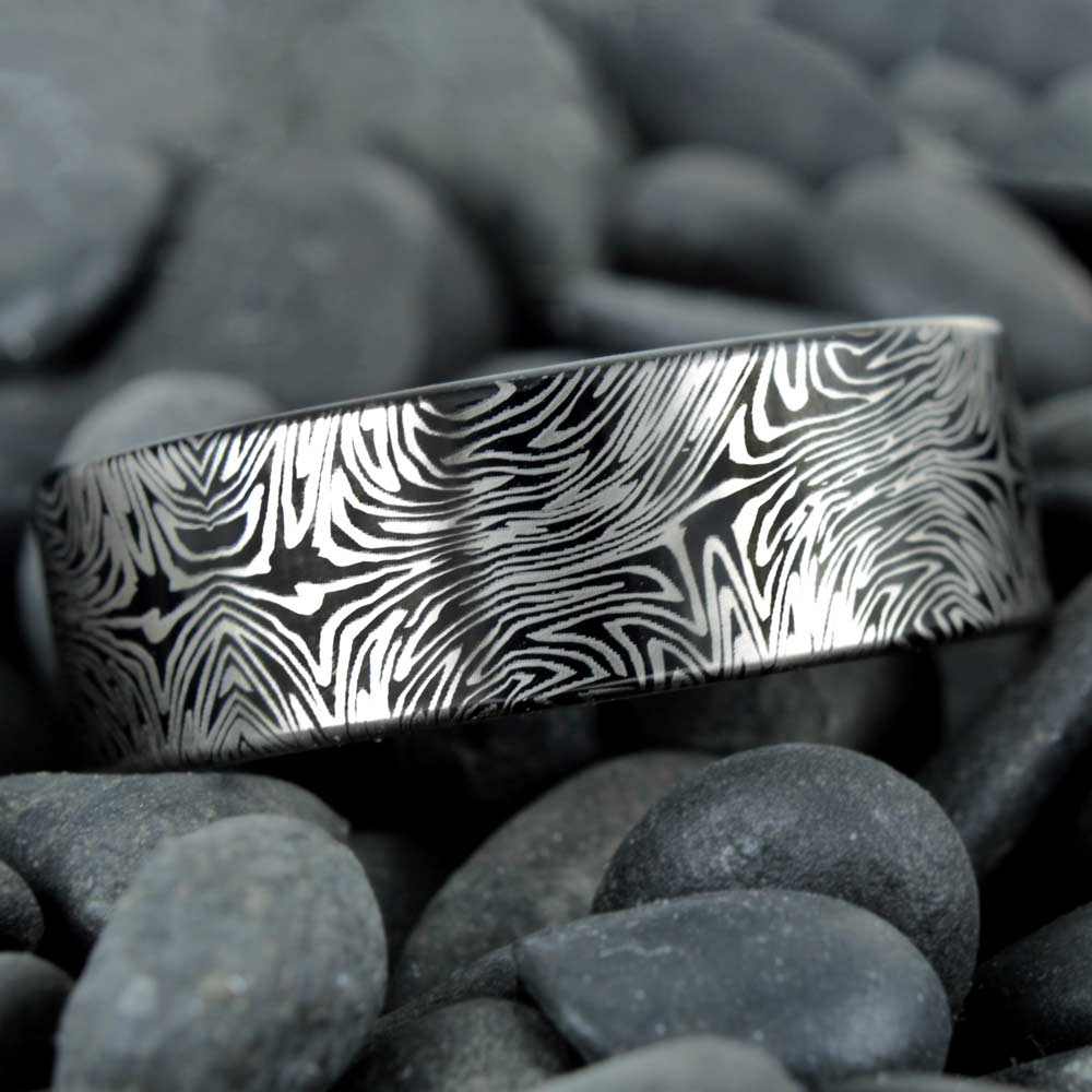 Damascus Steel Line Pattern Engraved Black Tungsten Wedding Band