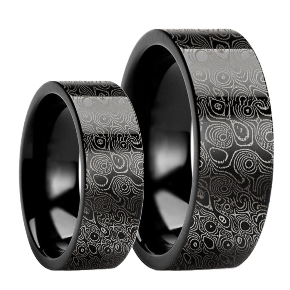 Damascus Steel Pattern Engraved Black Tungsten Couple's Matching Wedding Band Set