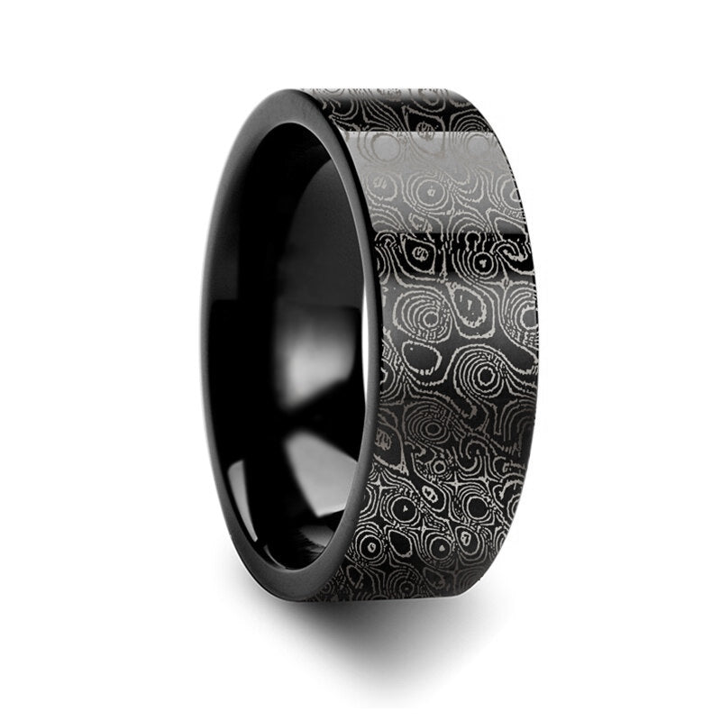 Damascus Steel Swirl Pattern Engraved Black Tungsten Men's Ring