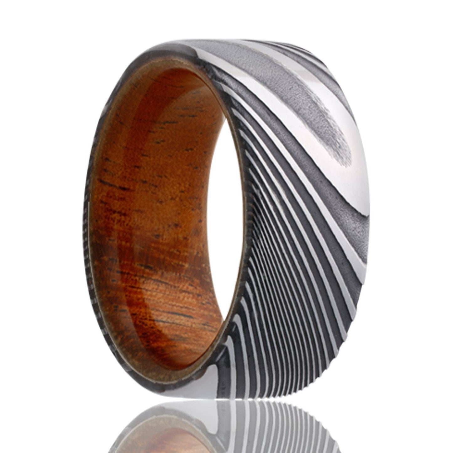 Damascus Wedding Band with Koa Wood Center