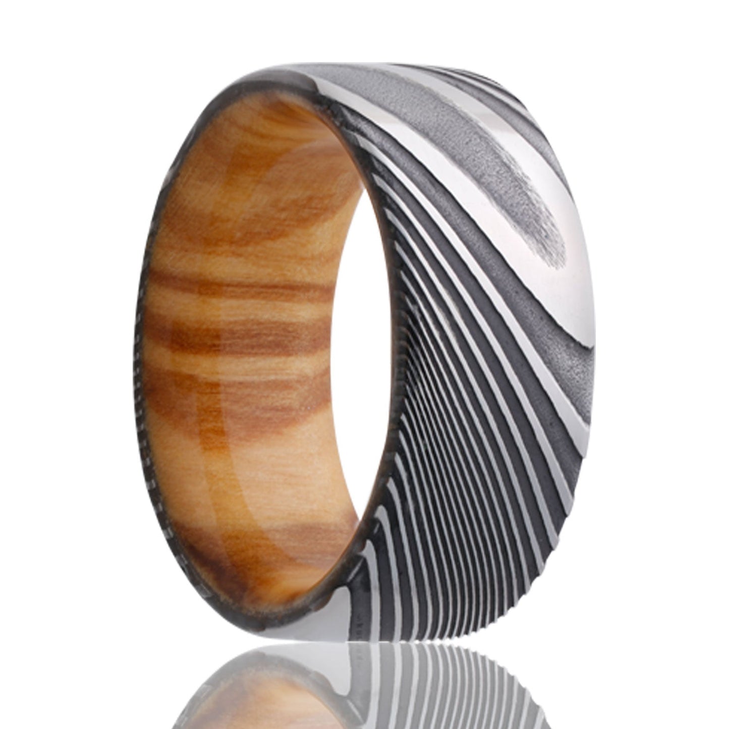 Damascus Wedding Band with Olive Wood Center