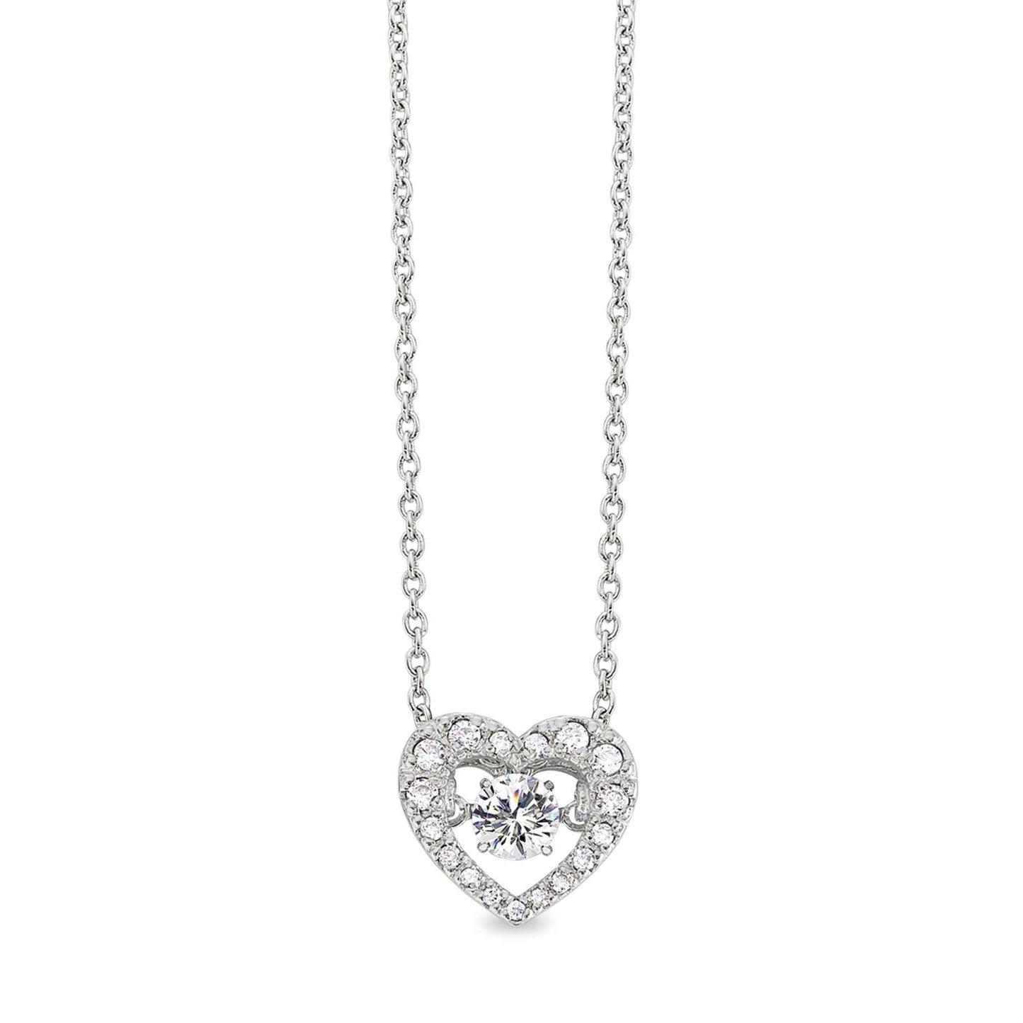 A dancing stone heart necklace with simulated diamonds displayed on a neutral white background.