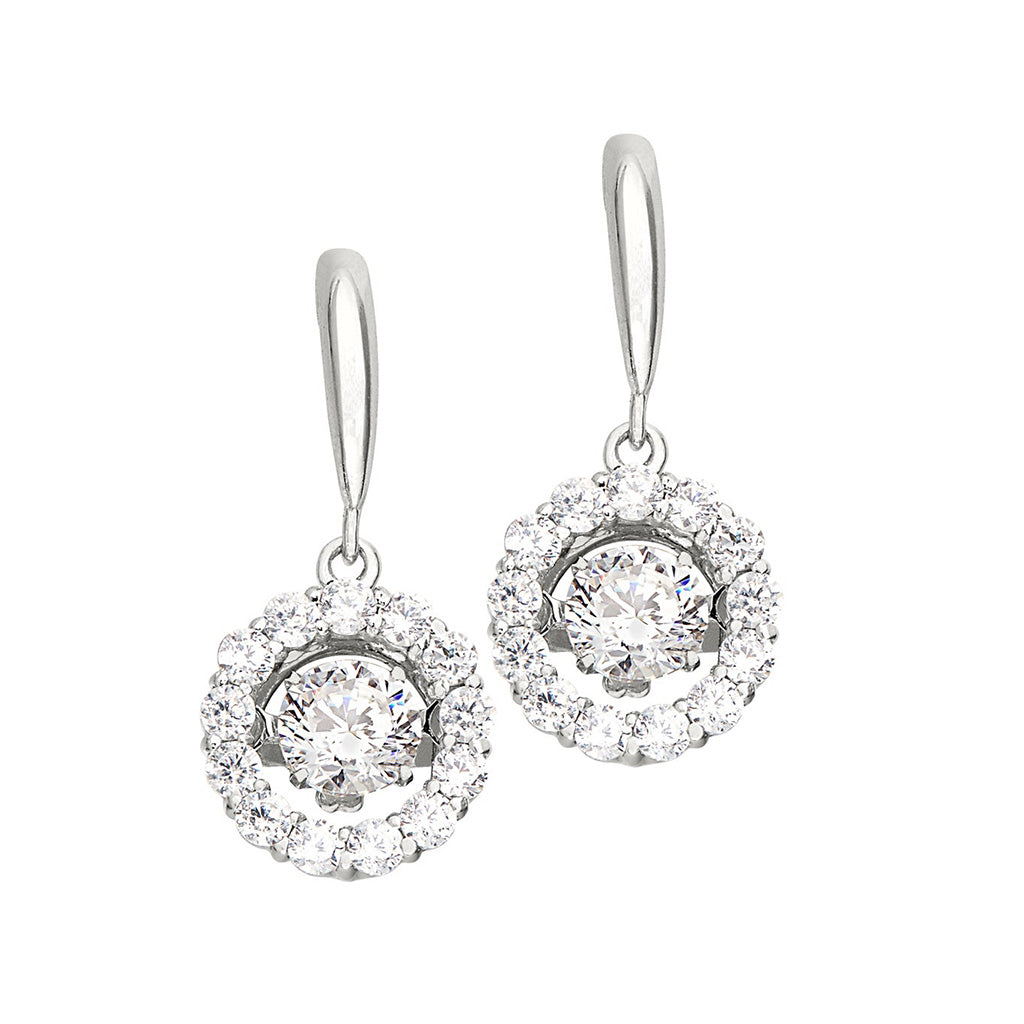 A dancing stone round drop earrings with simulated diamonds displayed on a neutral white background.