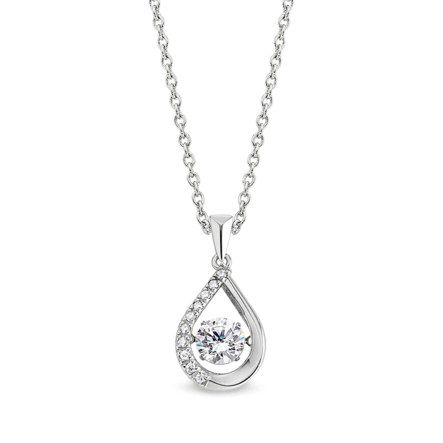 A dancing stone teardrop pendant with simulated diamonds displayed on a neutral white background.