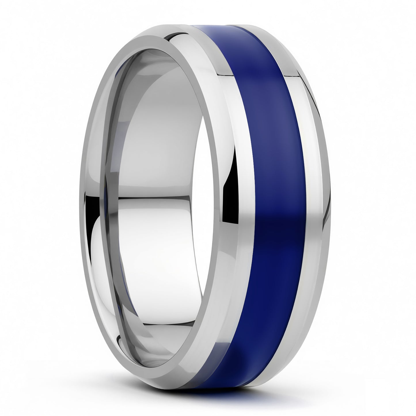Dark Blue Stripe Inlay Titanium Wedding Band with Beveled Edges