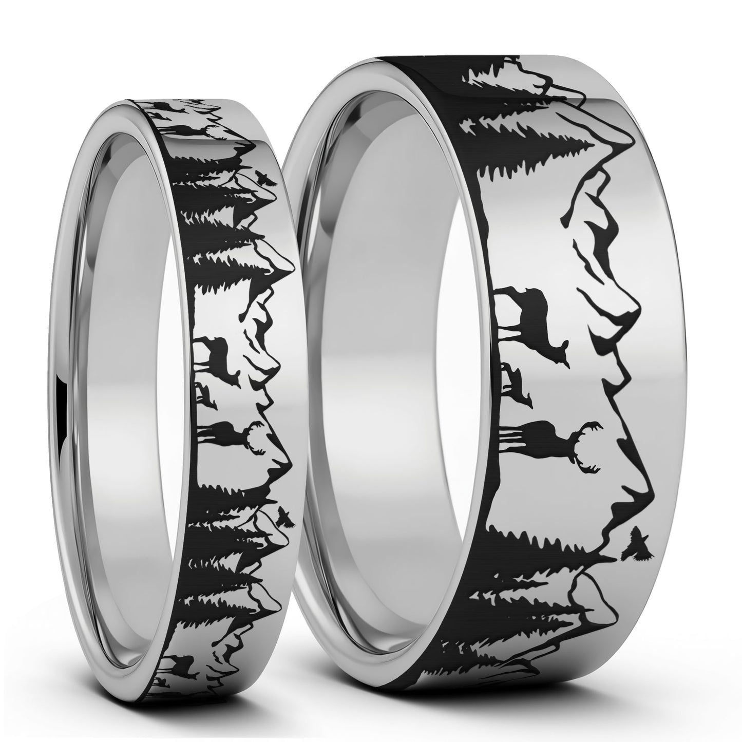 Deer & Mountain Range Engraved Tungsten Couple's Matching Wedding Band Set
