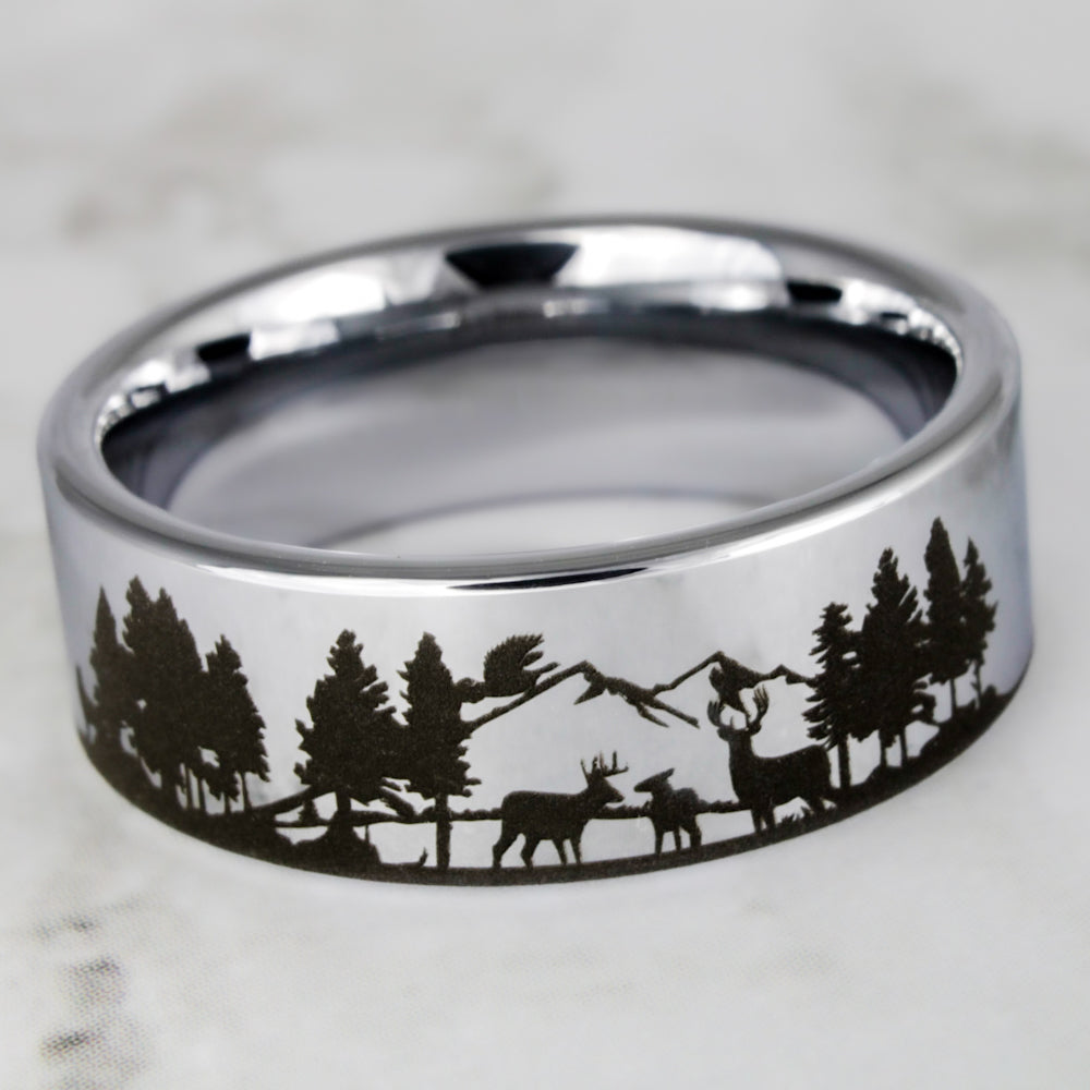 Deer & Mountain Range Engraved Tungsten Wedding Band