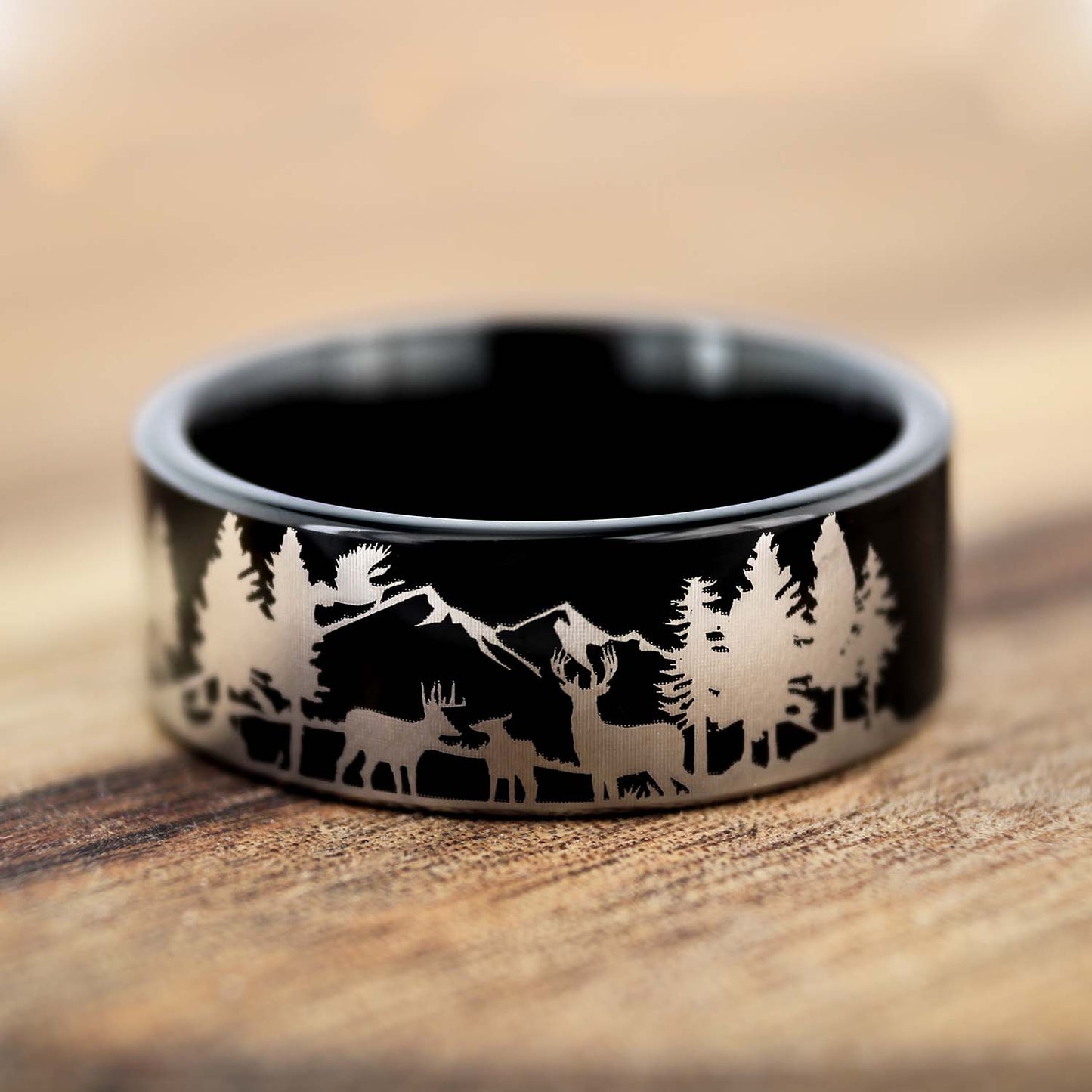 Deer & Mountain Range Landscape Scene Black Tungsten Wedding Band