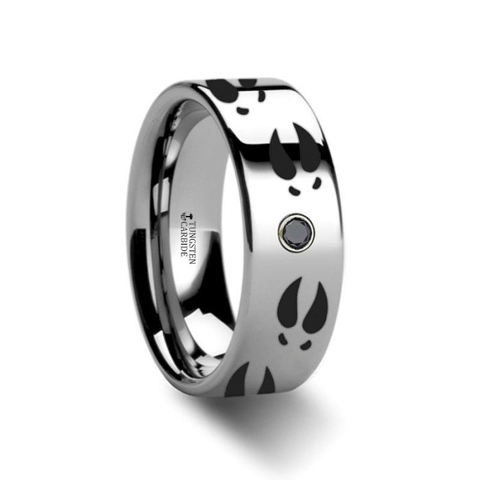 Deer Print Engraved Tungsten Men's Wedding Band with Black Diamond