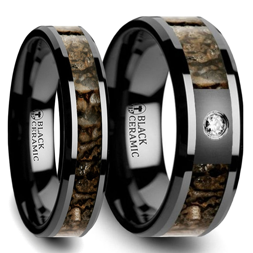 Brown Dinosaur Bone Inlaid Couple's Matching Wedding Ring Set