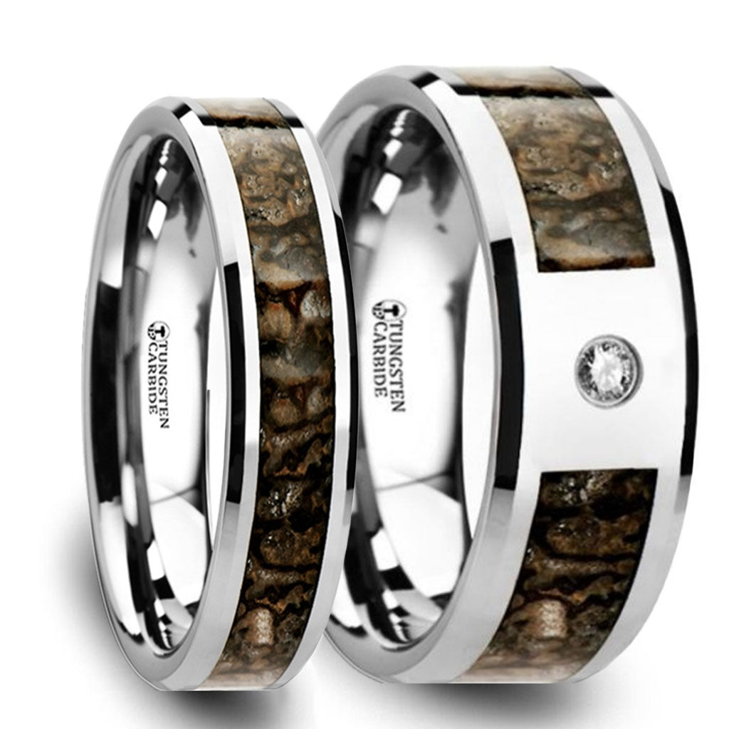 Dinosaur Bone Inlay Tungsten Carbide Couple's Matching Wedding Band Set