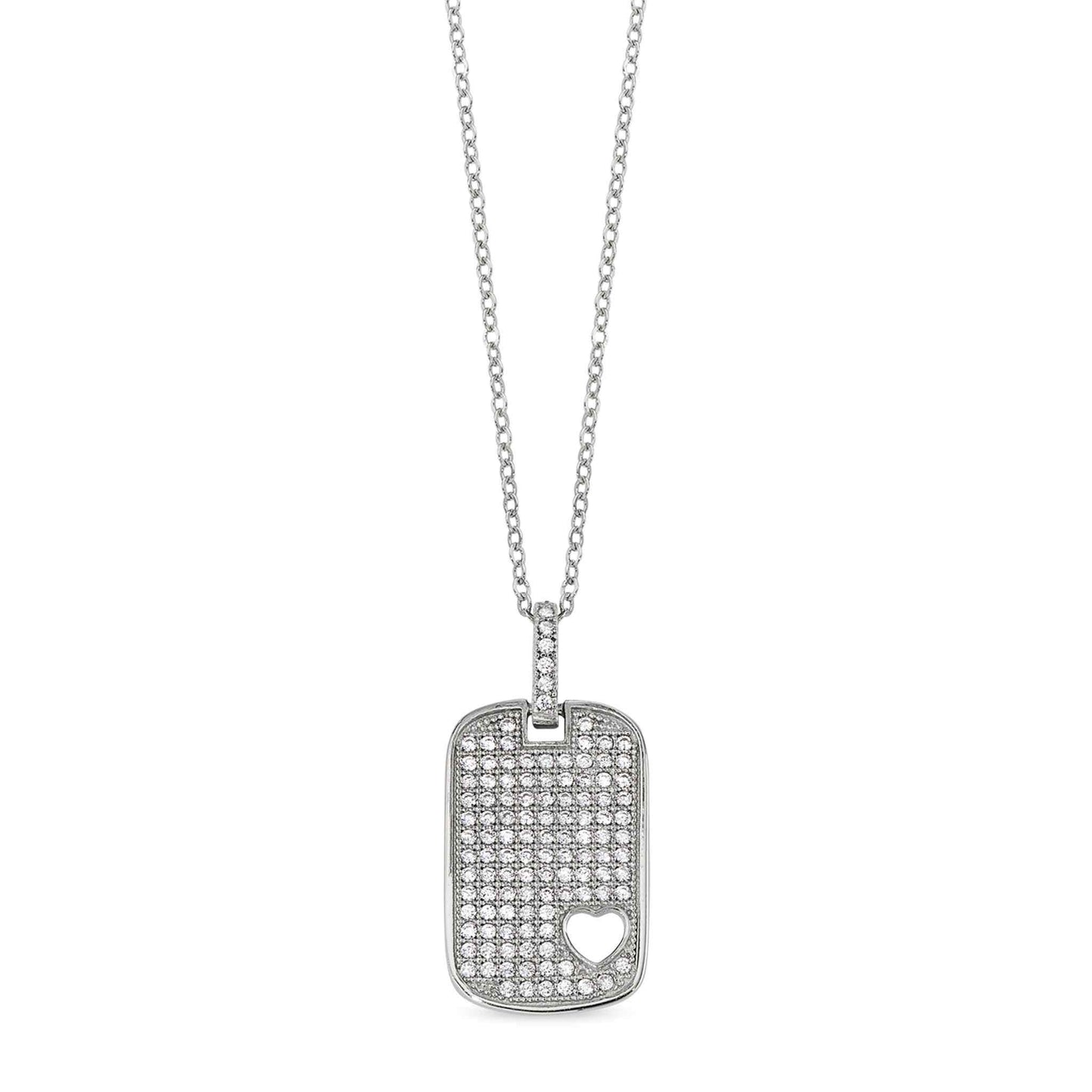 A dog tag pendant with cut out heart and simulated diamonds displayed on a neutral white background.