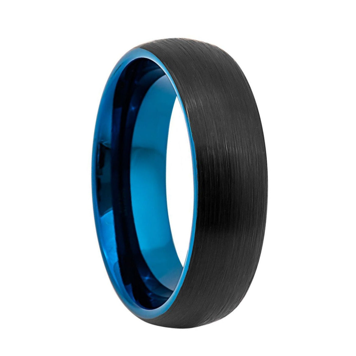 Domed Brushed Black Tungsten Men's Wedding Band with Contrasting Blue Interior