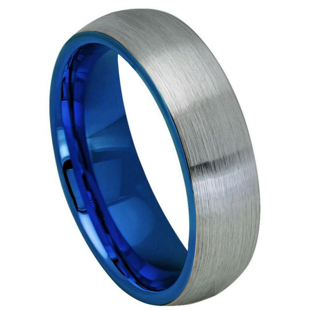 Domed Brushed Tungsten Couple's Matching Wedding Band Set with Contrasting Blue Interior